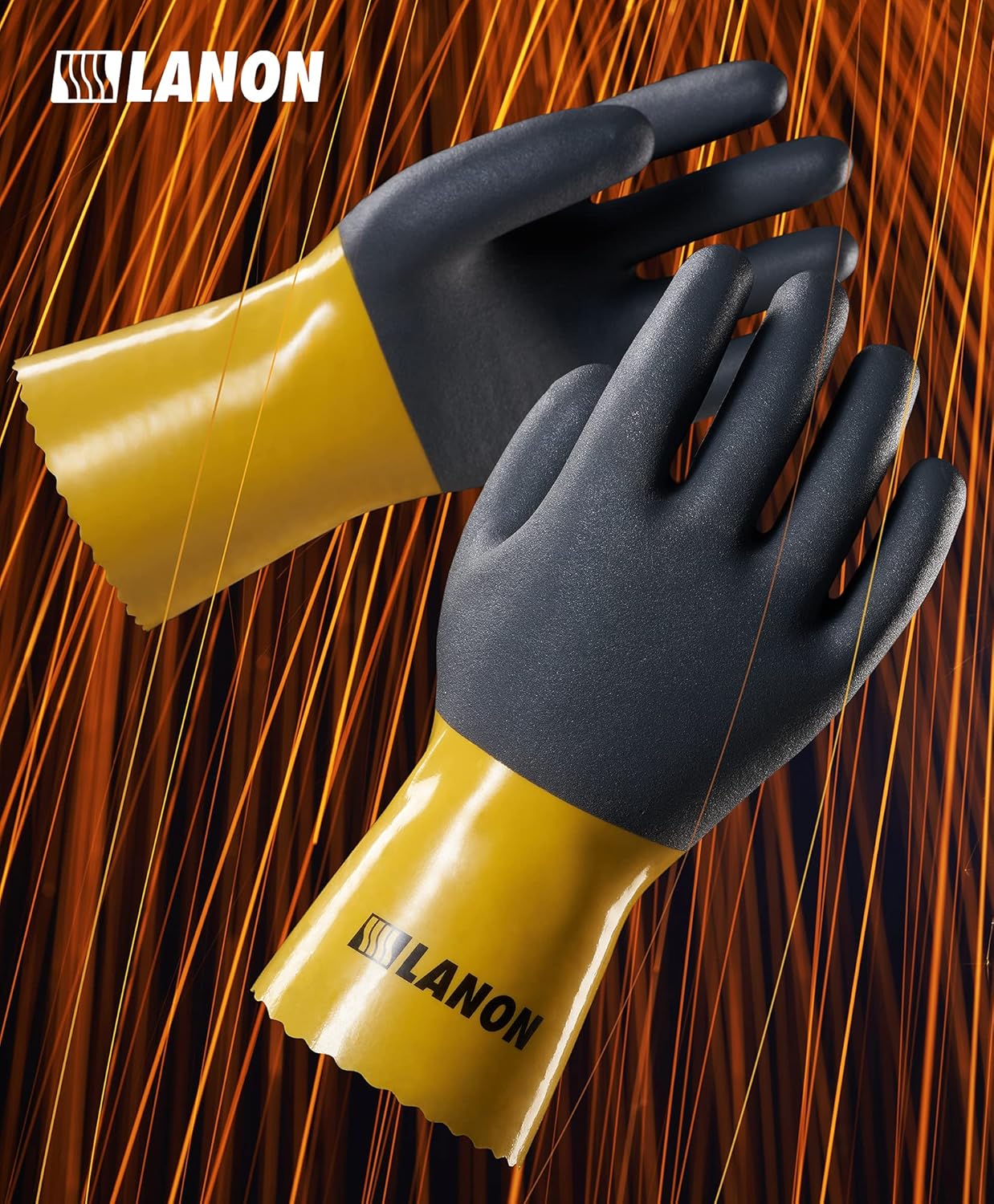 LANON 3 Pairs PVC Chemical Gloves, Thick Rubber Work Gloves, Heavy-Duty, EN 374/388, Acid, Alkali and Oil, Non-Slip, Large