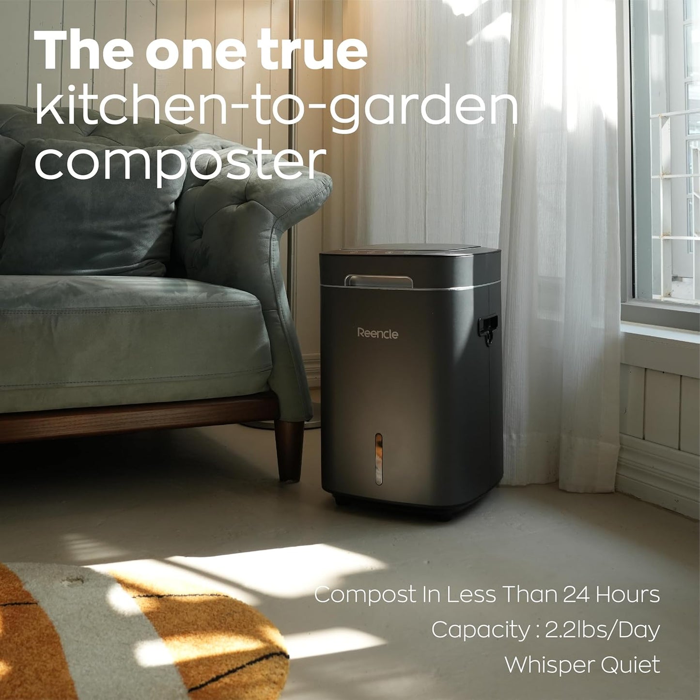 Reencle Prime Electric Composter - 14L Kitchen Composter, Decomposes Up to 2.2 lbs Food Waste Daily, Odorless Indoor Composting with Whisper-Quiet Technology & Rapid Decomposition (Silver)