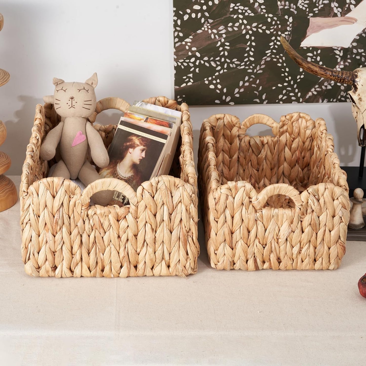 Scalloped Basket Wicker & Rattan Storage Basket with Built-in Handles, Large Woven Water Hyacinth for Nursery & Bathroom Organization 2 Pack