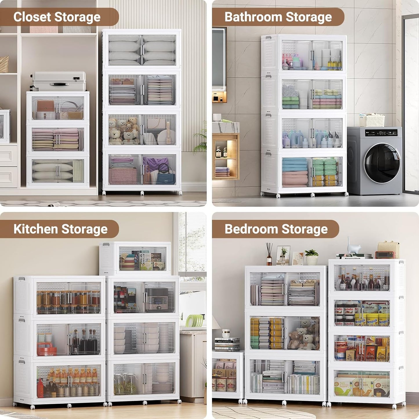 BROVIEW 324 Qt Plastic Storage Bins with Lid, Doors & Wheels, 3Pack Extra Large Stackable Collapsible Storage Bins, Closet Organizers and Storage Drawer, Foldable Cabinets for Home Office, White