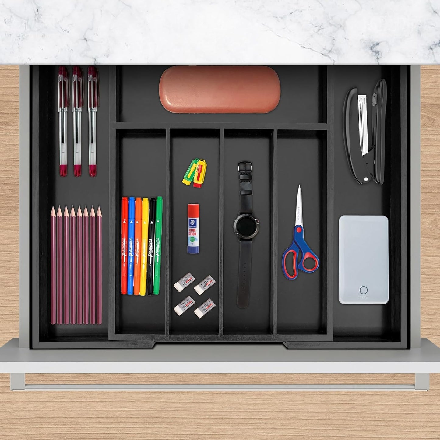 VaeFae Bamboo Drawer Organizer, Expandable Silverware Drawer Organizer, Cutlery Tray with Dividers for Kitchen Utensils (Black, Medium)