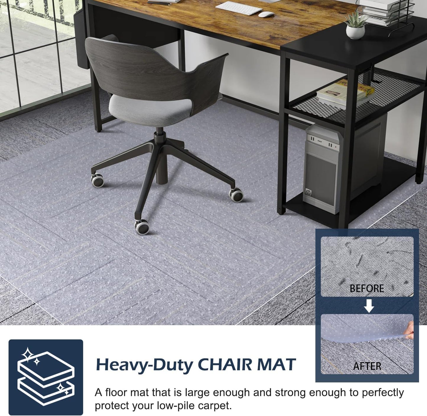 SALLOUS Clear Chair Mat for Carpet, 53" x 45" Heavy Duty Vinyl Floor Mat for Carpeted Floors, Gaming Chair Mat with Tap, Rolling Under Desk Floor Mat for Home Office