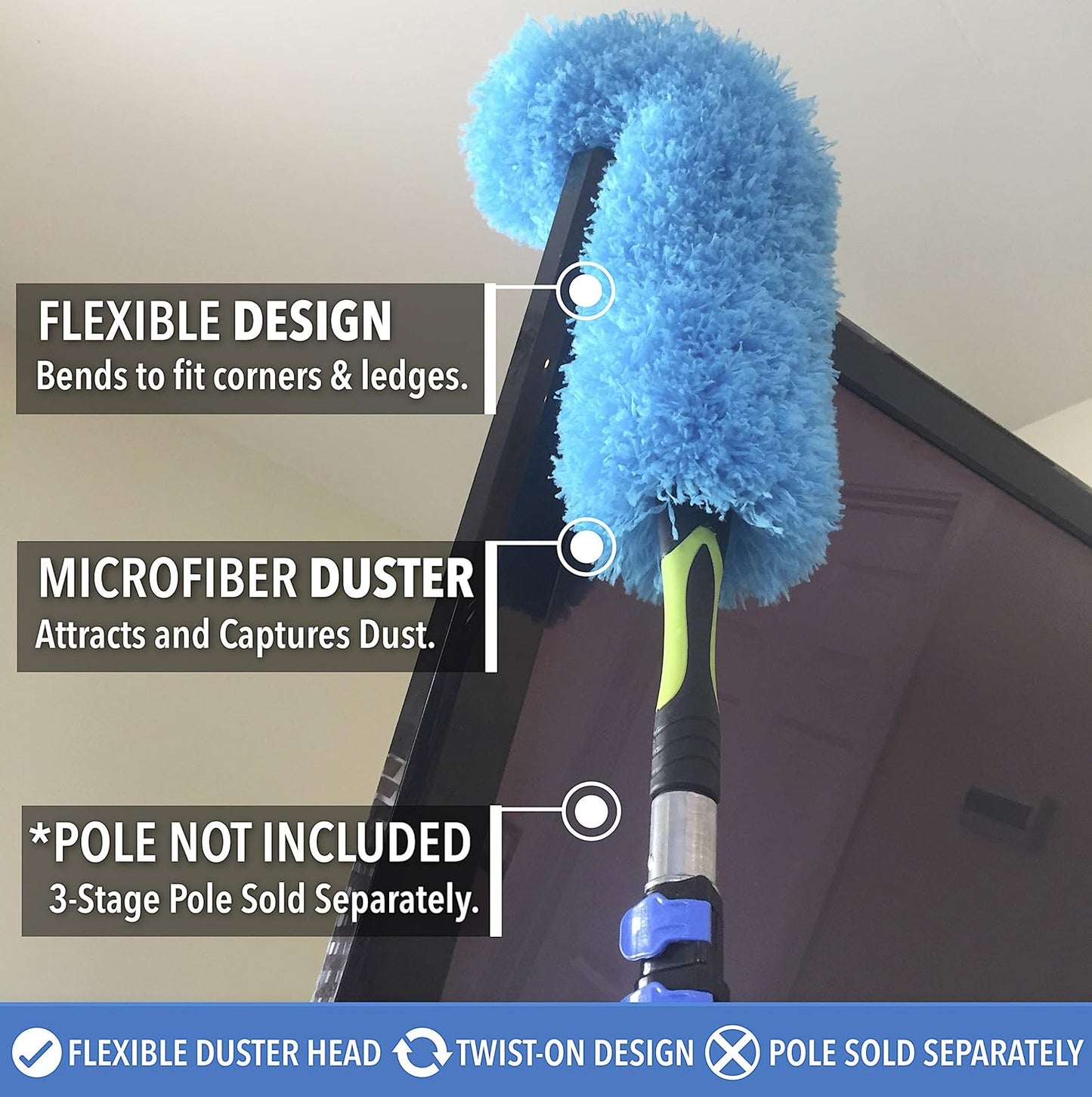 EVERSPROUT Flexible Microfiber Feather Duster | Extra-Long 24 inch Brush Head with Hand-Grip | Twists onto Standard 3/4 Inch Threaded Pole | (Duster Attachment Only, No Pole)