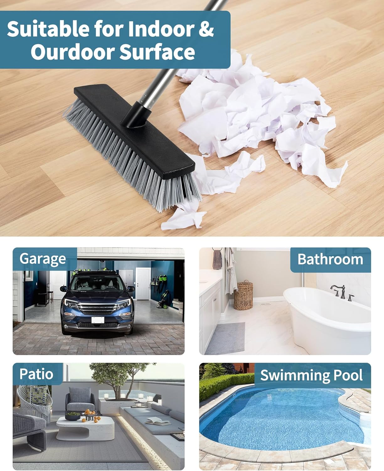 LandHope Hard Bristle Deck Broom Adjustable Long Handle Scrub Brush Heavy Duty Concrete Push Broom Outdoor Brush Garage Broom Wood Large Floor Scrubber 28-52 inch Balcony -Multi Segment Handle