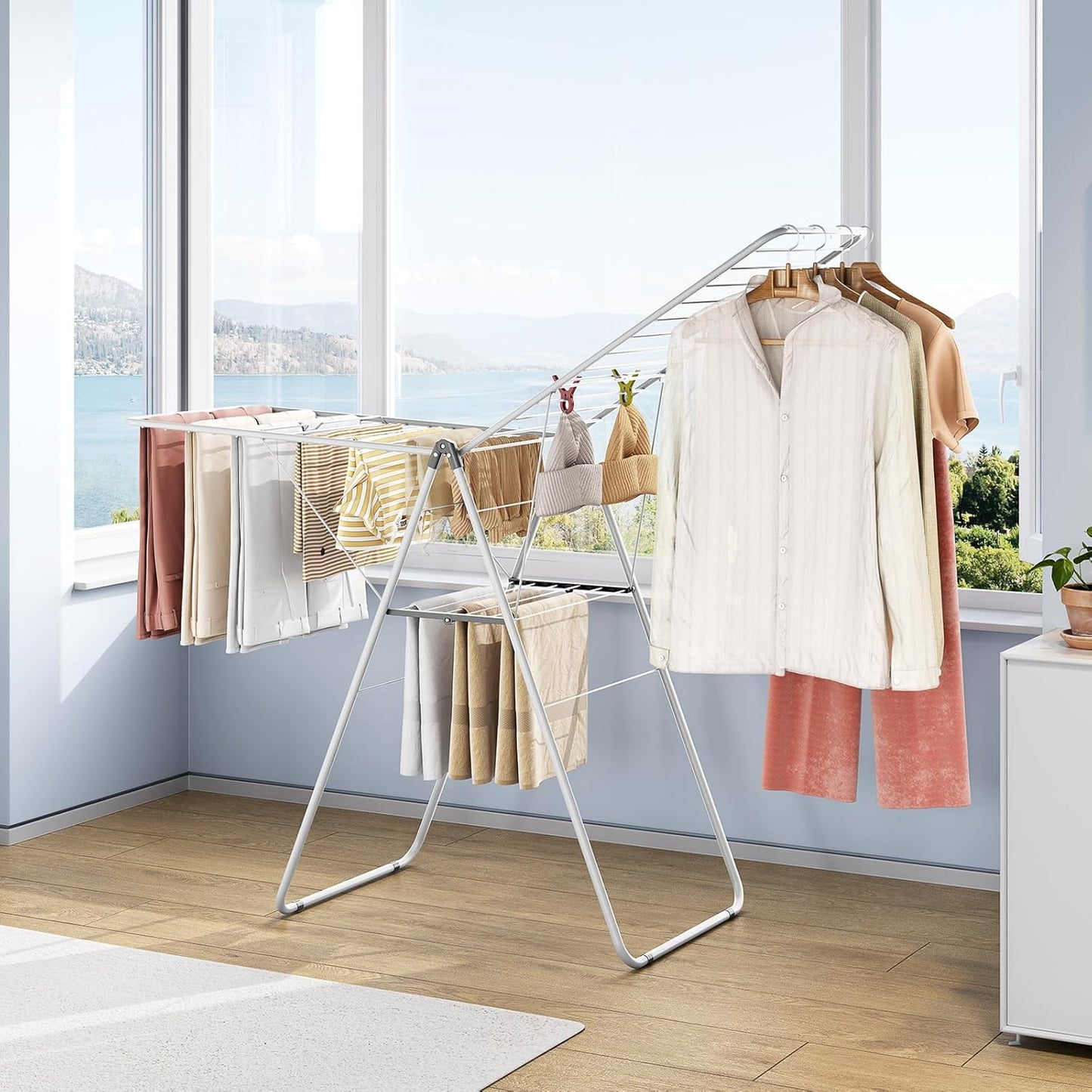 KINGBOARD Clothes Drying Rack Foldable, Metal Drying Rack Clothing with Height-Adjustable, Laundry Rack, Indoor Outdoor Use, No Assembly, 20.47"x 70"x 42.52", White