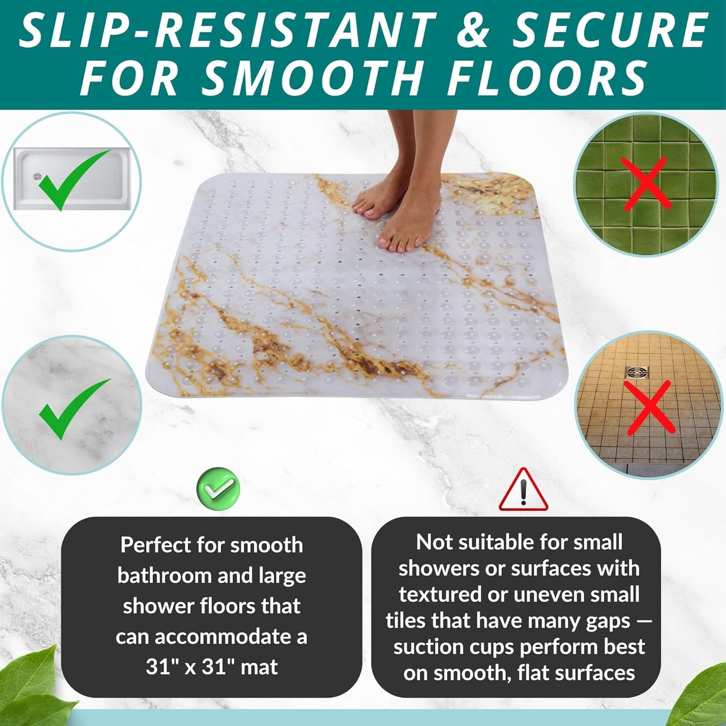 ENKOSI Extra Large Square Non Slip Shower Mat - 31 x 31-inch XL Bathroom Shower Mat - Square Shower Matts for Shower Stall Floors | Secure Suction Cups and Drain Holes (31x31 Marble White Gold)