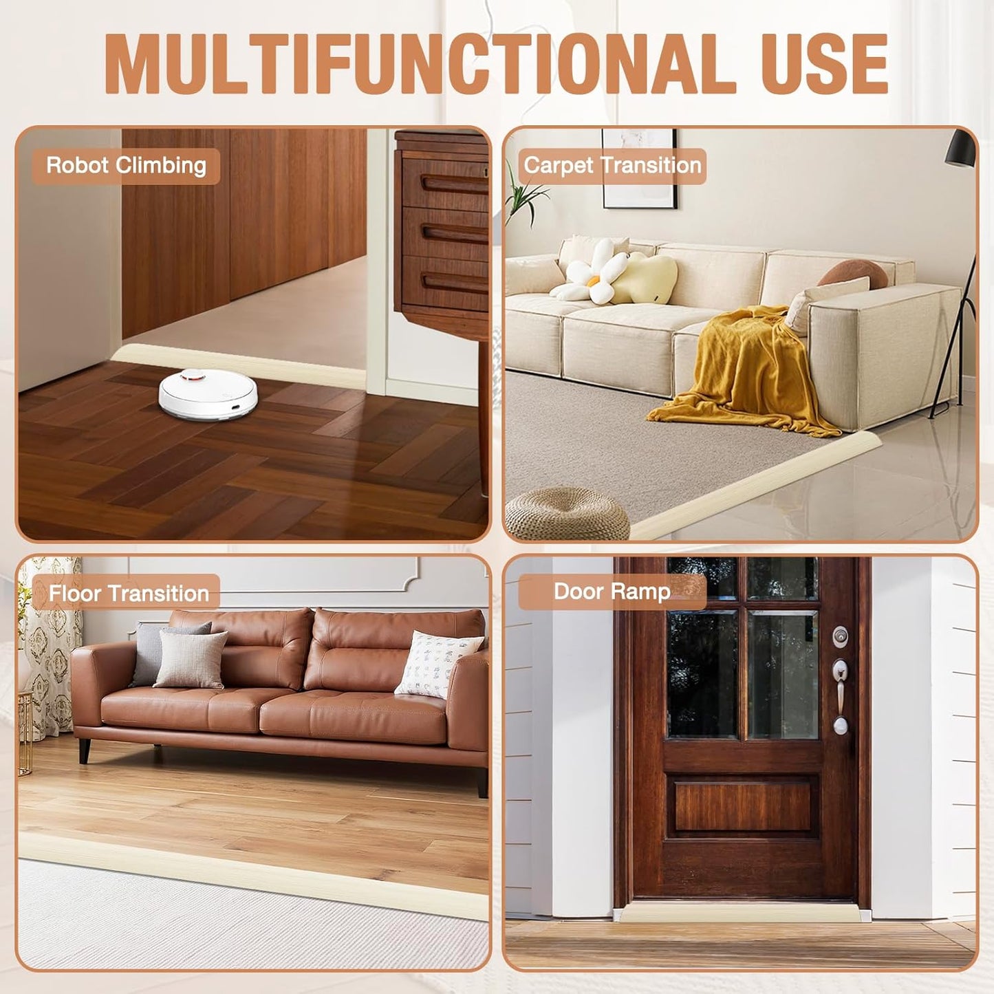 Floor Transition Strip Self Adhesive Vinyl Door Threshold for Doorways Carpet Edging Trim Overlap Edge Reducer for Laminate Floor, Carpet, Tile (Beige Wood Grain, 2/5" to 3/5", 10Ft)