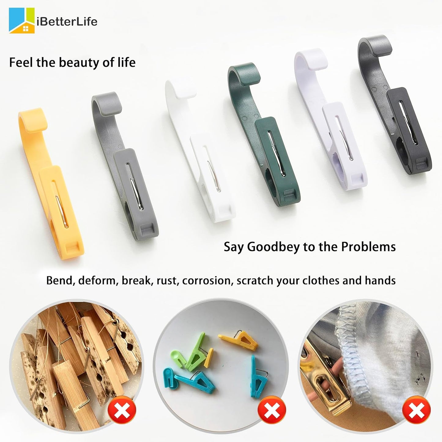 iBetterLife 4Pcs Laundry Hooks Clips Hanger - Laundry Clips with Hooks Heavy Duty Closet Organizer Clothes Pins Hanging Towel Clamps for Socks, Boot, Bras for Bathroom Wardrobe Kitchen