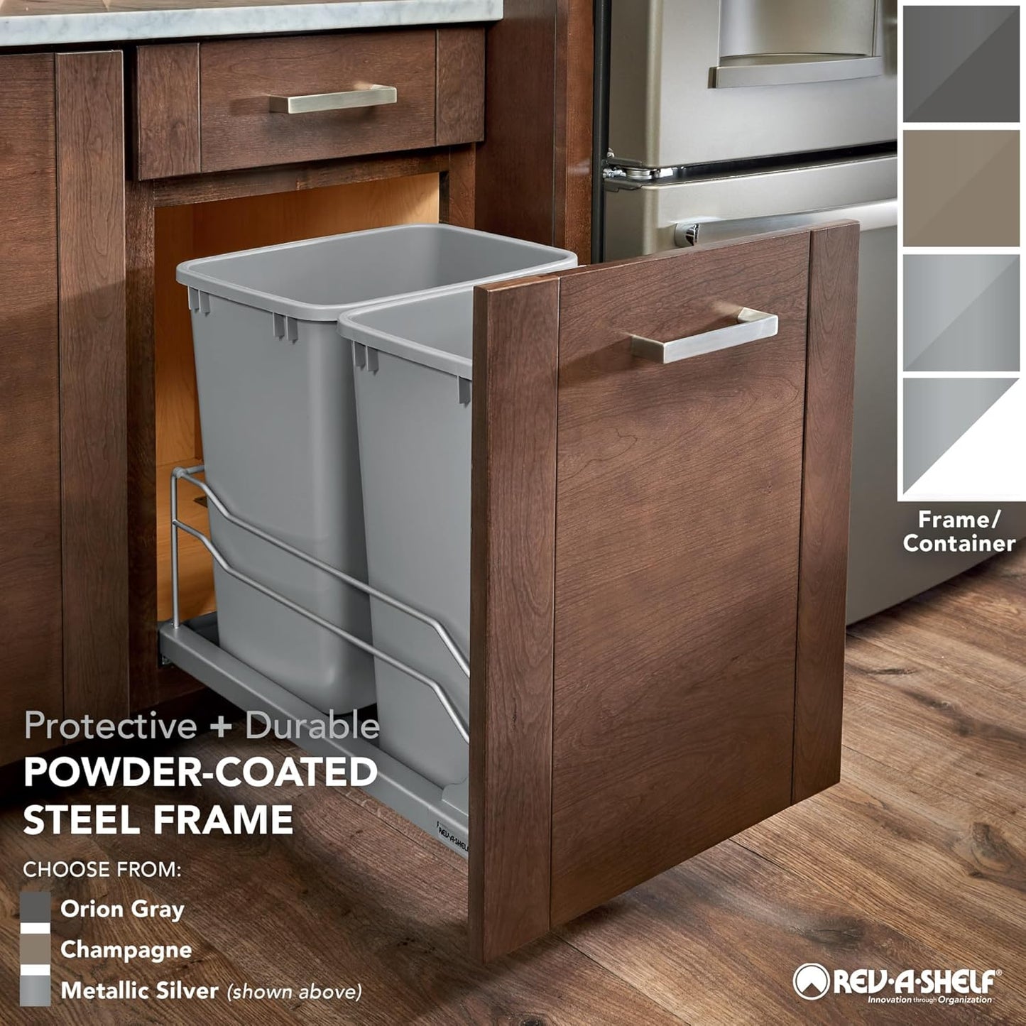 Rev-A-Shelf Double Pullout Trash Can for Base Kitchen Cabinets 27 Quart 12.5 Gallon with Soft-Close Slides, Champagne, 53WC-1527SCDM-212