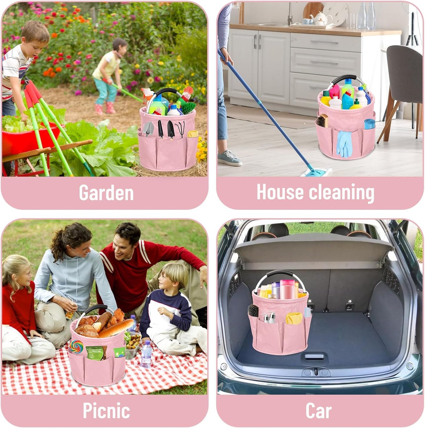 Qivine 17L Cleaning Caddy with Handle, Cleaning Supply Caddy Foldable Tool Bag Cleaning Products Organizers Portable Cleaning Bucket Organiser for Storing Towels (Pink)