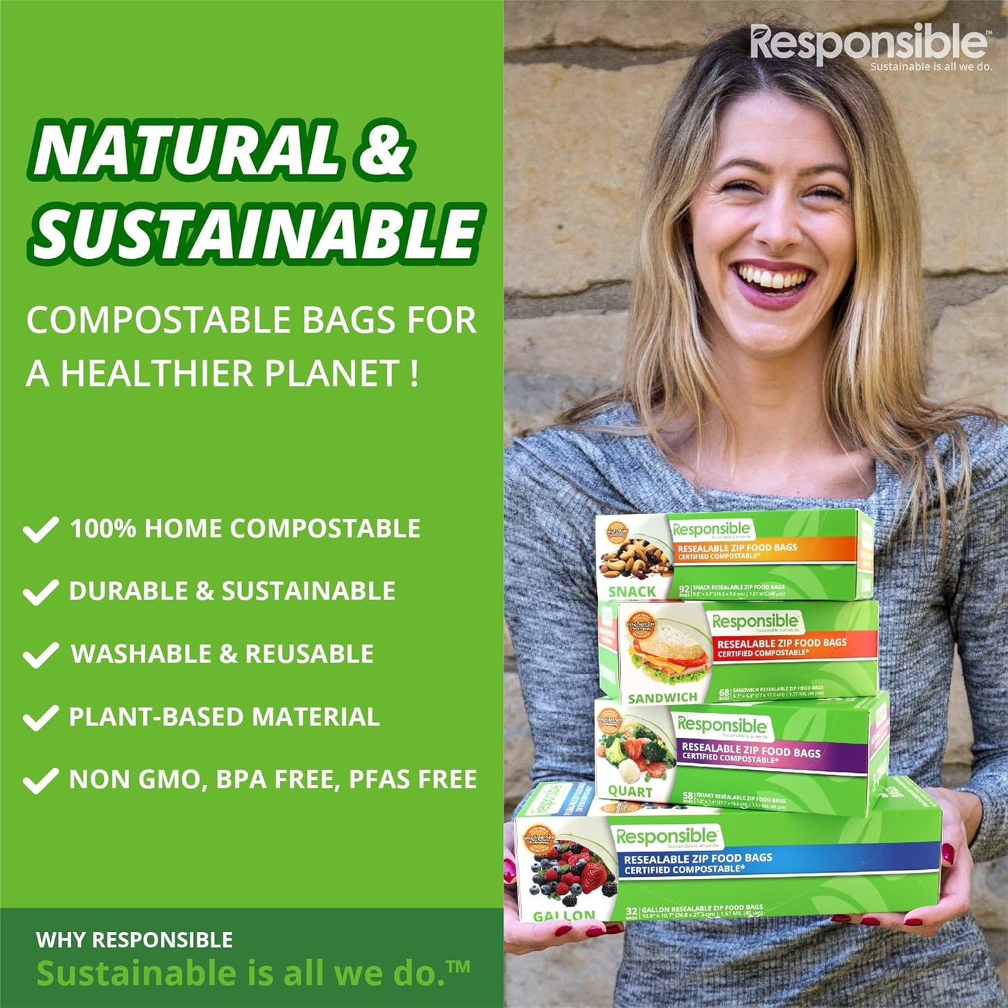 Responsible Products Certified Compostable SNACK Resealable Zip Bag, Extra Strength Food Bags, Plant-Based Freezer-Safe (40 Pack)