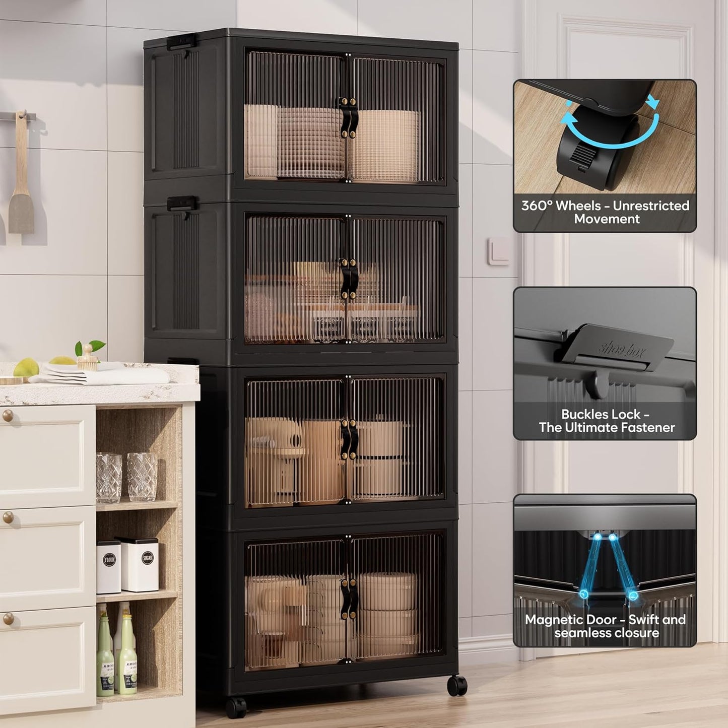 Jalove 50QT Plastic Storage Bins with lids, Stackable Collapsible Storage Containers with Wheels, Closet Organizer and Drawers, Clothes Storage Cabinet for Home Office Garage, 4 Pack Black