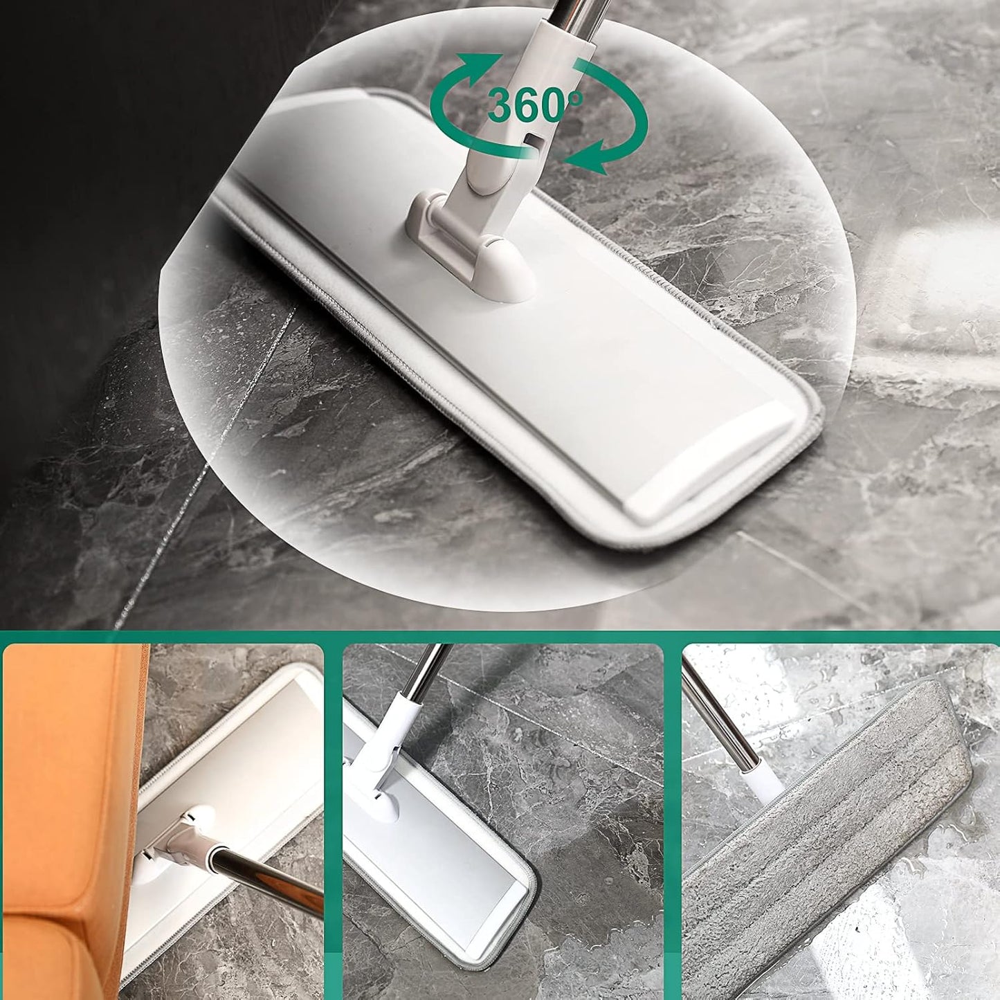 18" Professional Microfiber Mop Floor Cleaning System, Flat Mops with Stainless Steel Handle, 4 Reusable Washable Mop Pads, Wet and Dust Mopping for Hardwood, Vinyl, Laminate (White&Grey)