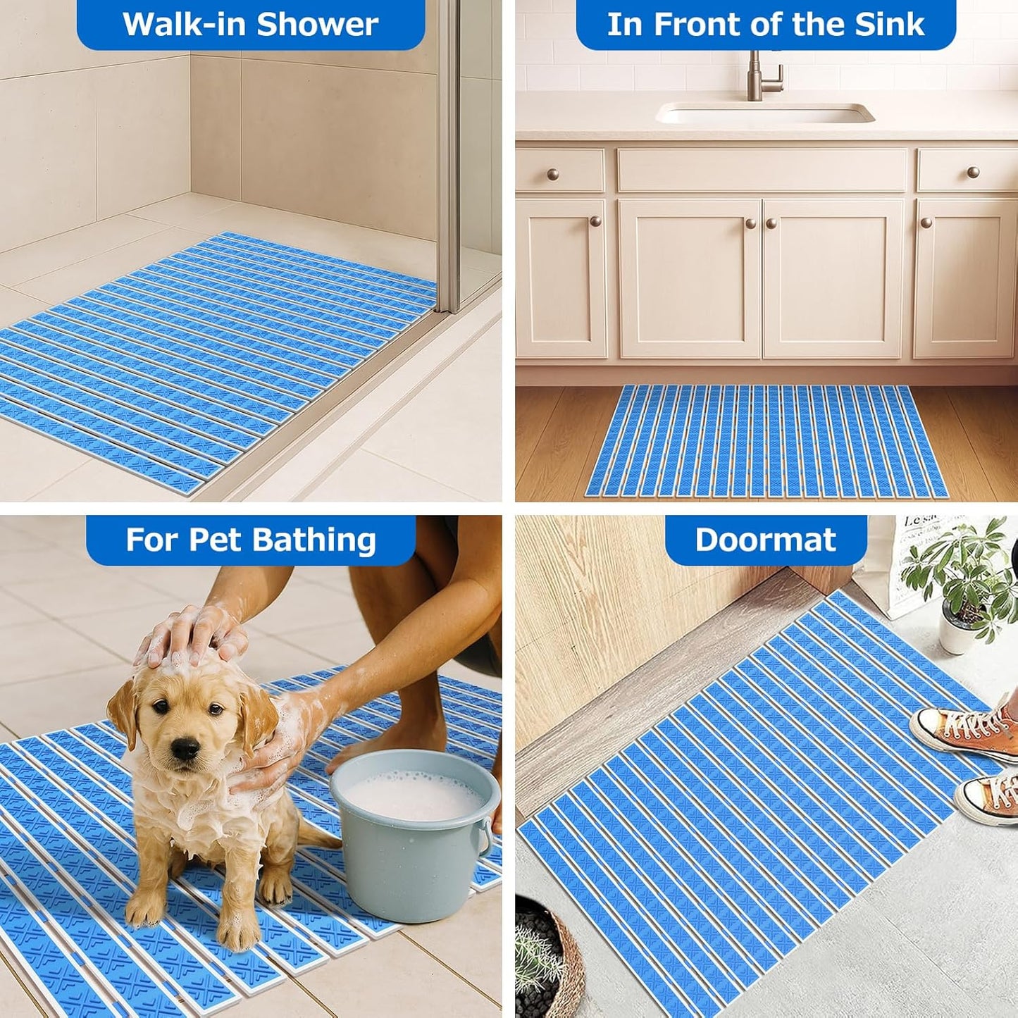 Matace Non Slip Rubber Bathtub & Shower Mat with Suction Cups, Thick Textured Surface, Fast Drain and Upright Drying Design, No Pooling Water for Better Hygiene, 27 x 16 Inch, Navy Blue