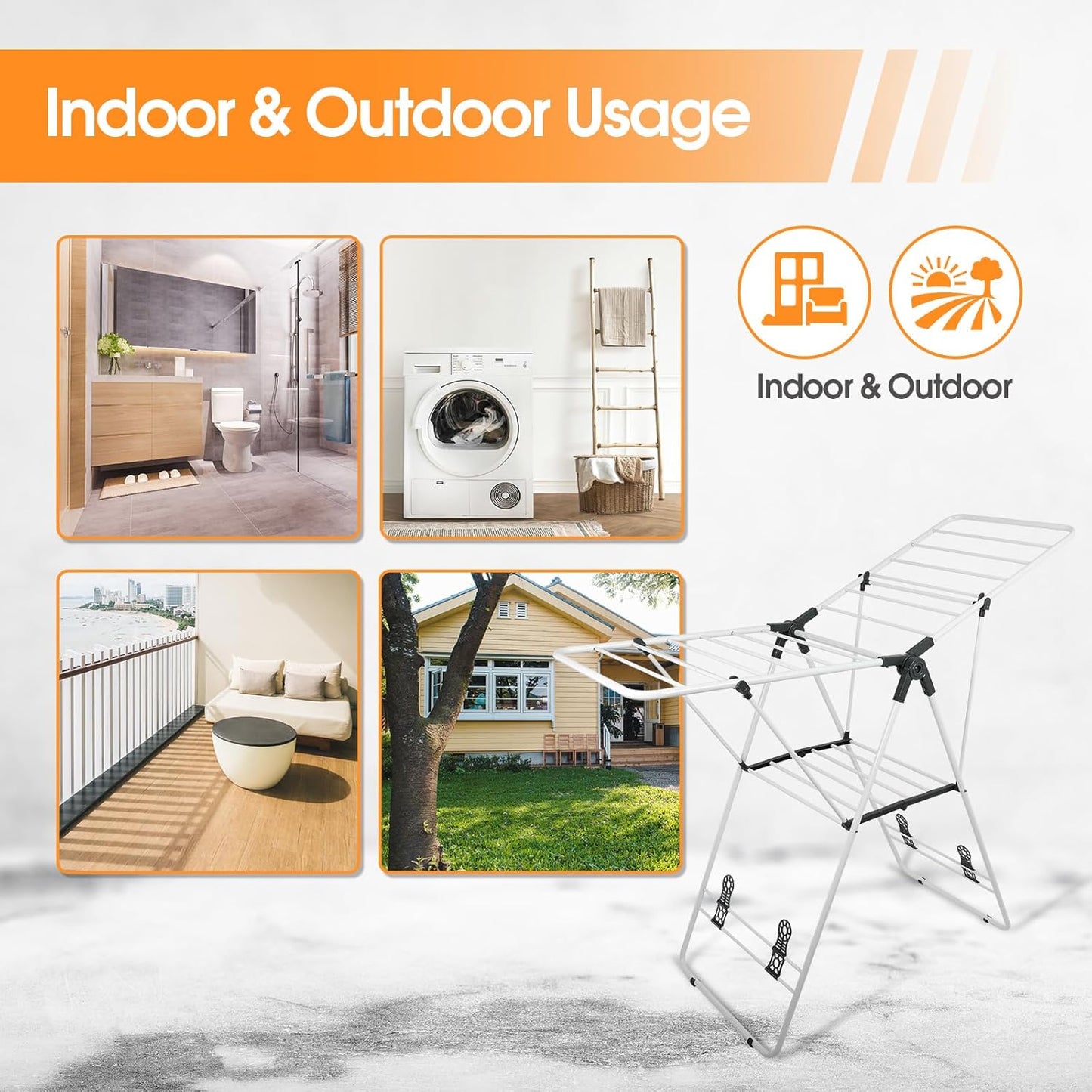 Clothes Drying Rack Foldable, Metal Laundry Drying Rack, with Height-Adjustable Wings, Space Saving, Indoor Outdoor Use, White Free-Standing Airer