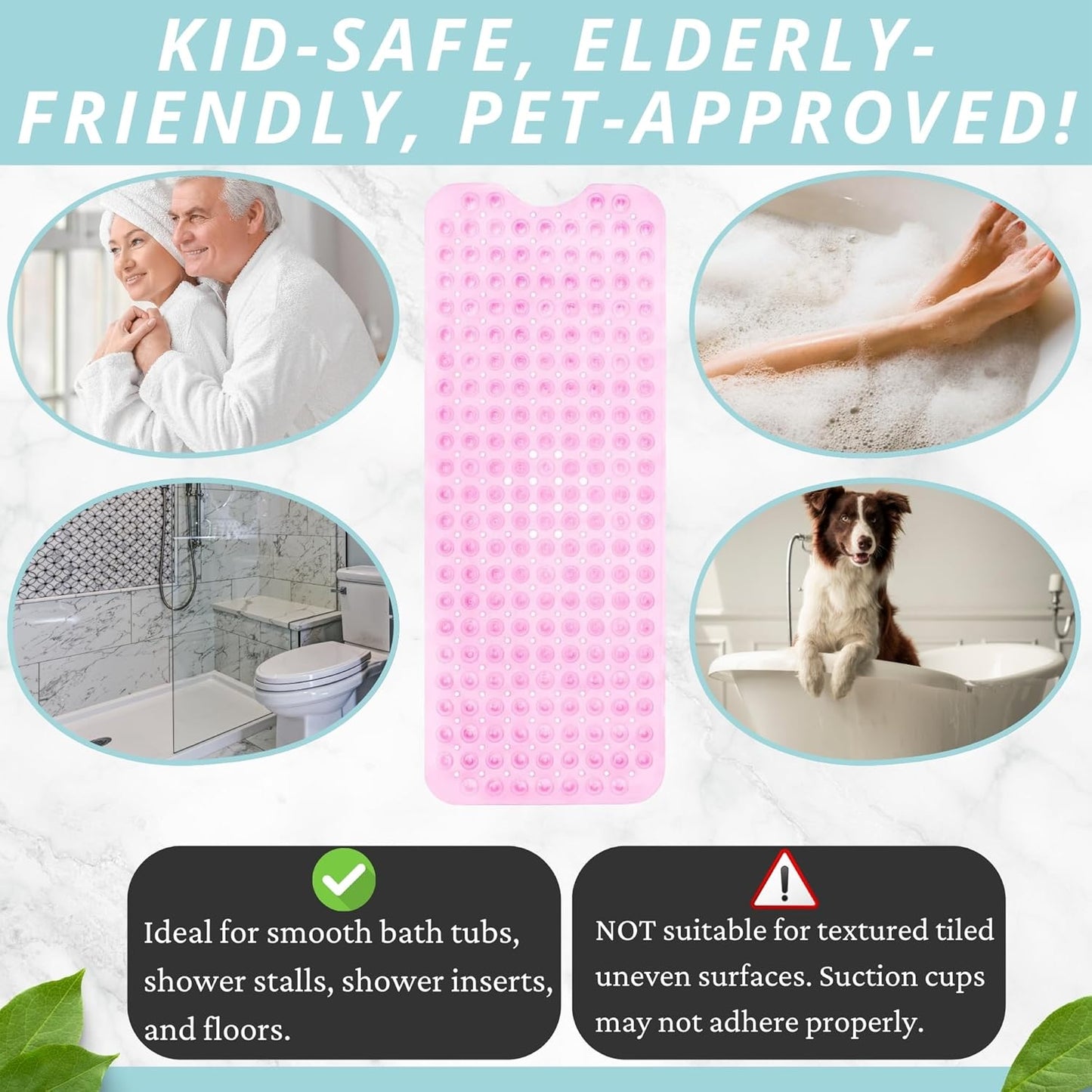 ENKOSI Bath Mat - Large Non Slip Bathtub & Shower Mat - Extra Long 40 x 16 Inch Bathroom Mats for Tub Nonslip Anti Slip Bathmats (40x16 Clear Pink 1-Pack)