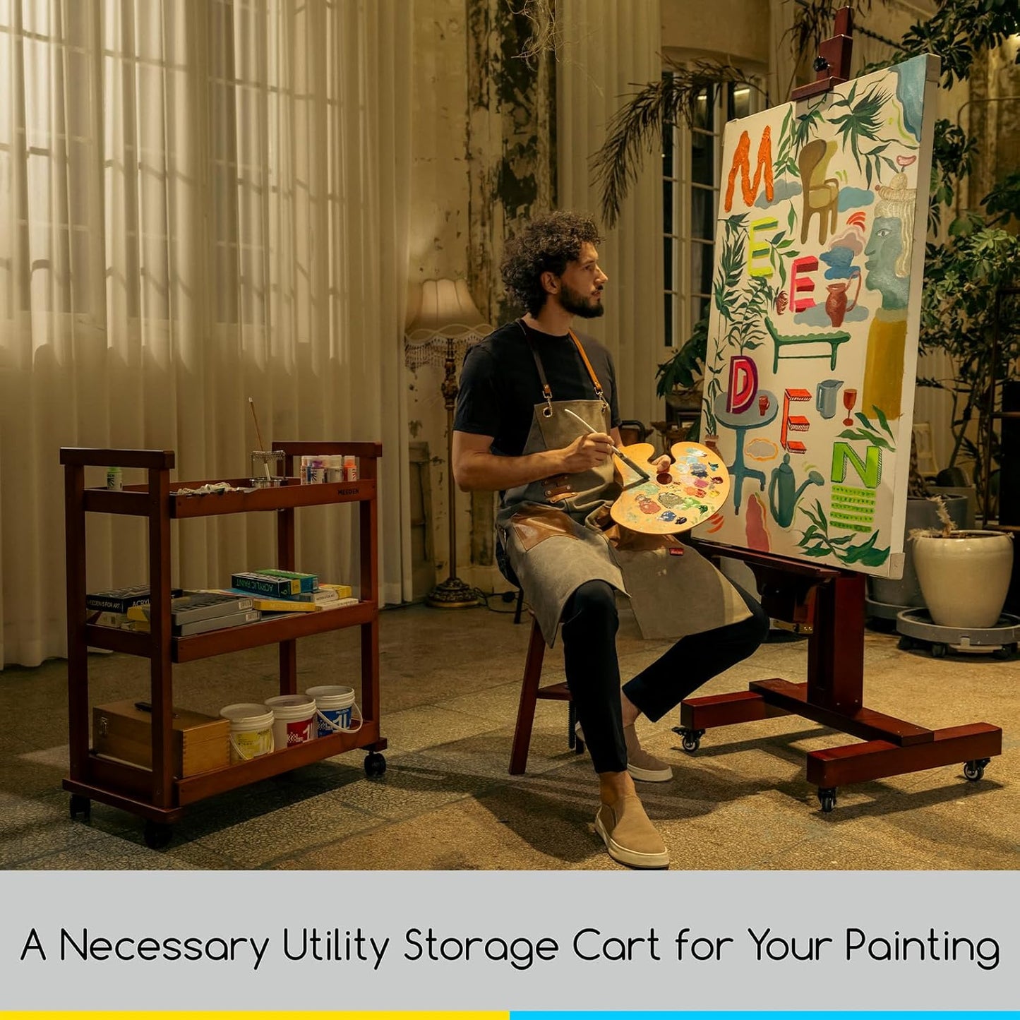 MEEDEN Art Supplies Cart, Walnut 3-Tier Multifunctional Art Storage Cart Organizer, Solid Beech Wood Studio Cart Art Taboret with Caster Wheels, Rolling Utility Cart Organizer for Artist