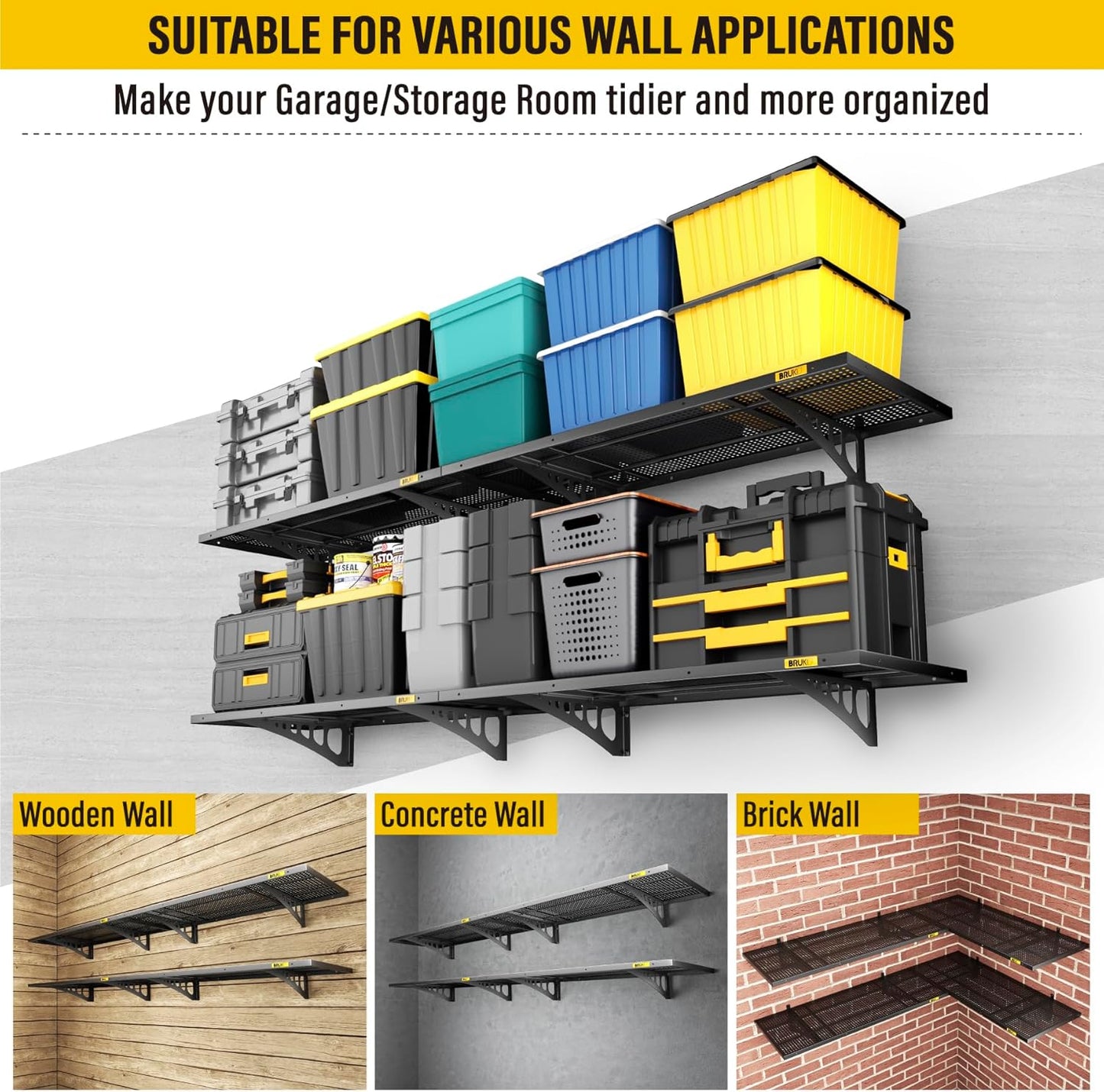 4Pack 1.64x4ft Adjustable Metal Garage Wall Shelving Heavy Duty Garage Storage Shelf Wall Mounted Black