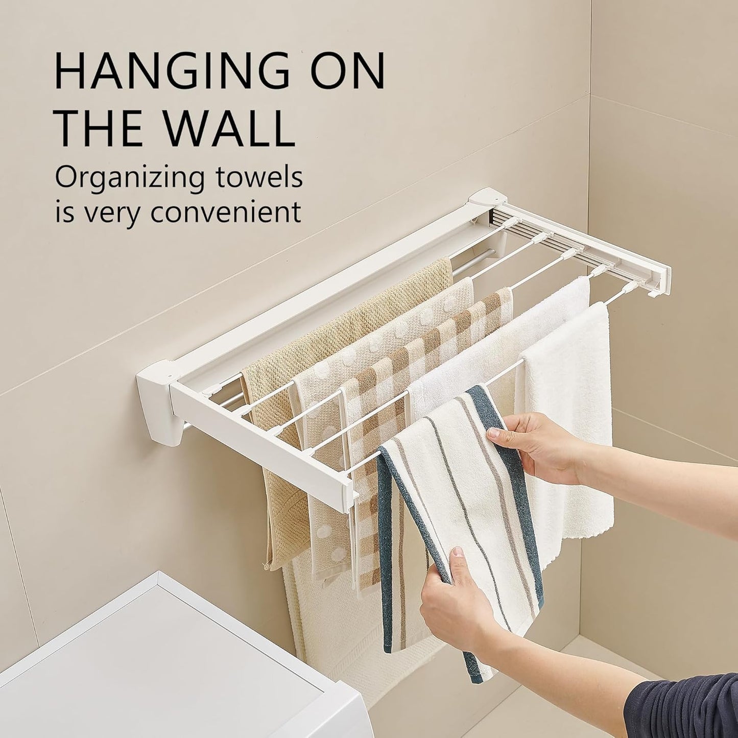 JOOM Laundry Drying Rack Collapsible, Wall Mounted Drying Rack, Clothes Drying Rack, Retractable Drying Racks, 27.5" Wide, 5 Aluminum Rods with Hooks, 60 lb Capacity (White 27.5" with Hooks)