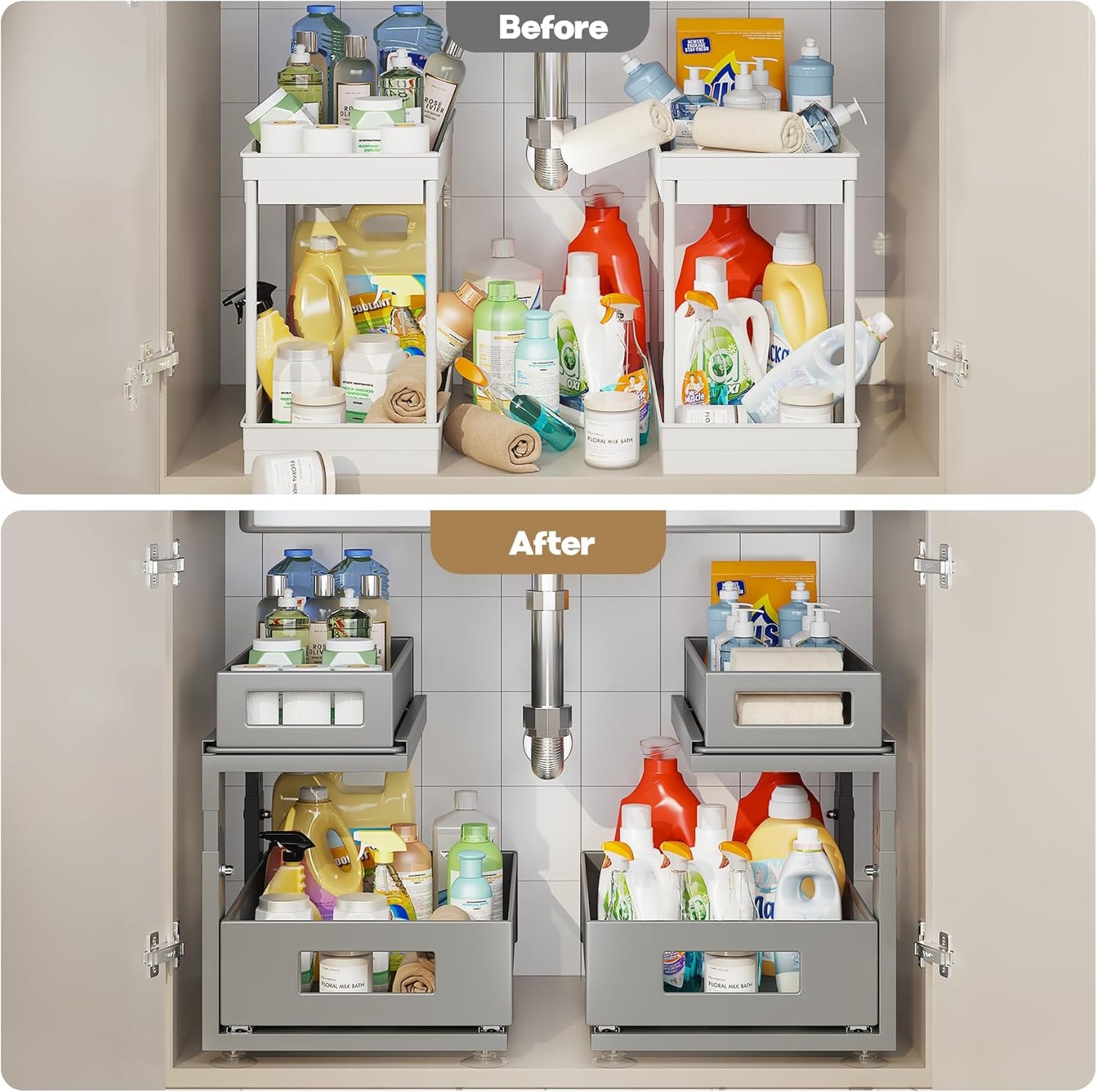 1 Pack 15.74IN-Depth Under Sink Organizer With Next-Gen Ball-Bearing Slides,2-Tier Pull Out Cabinet Storage,Height Adjustable Drawer Shelf for Bathroom,Kitchen,Laundry,Cabinet,Pantry-Gun Gray