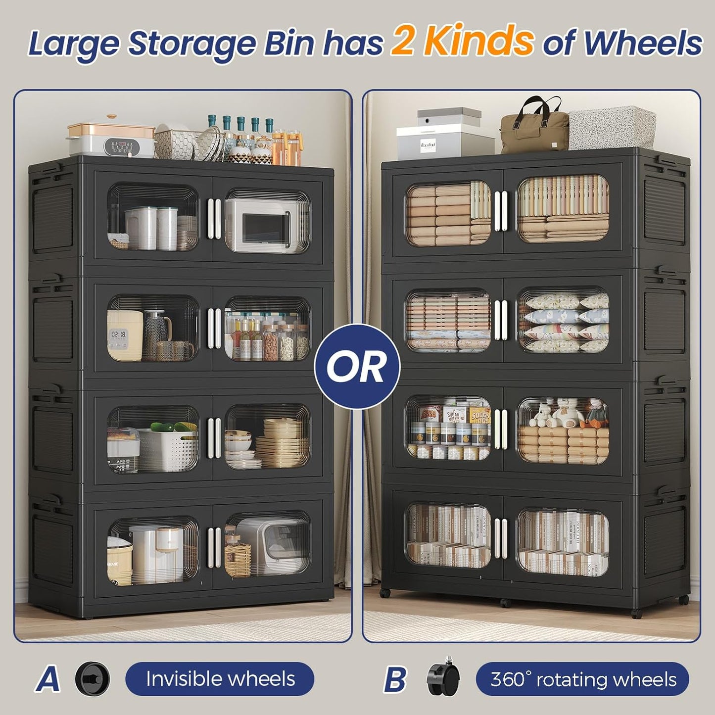 250GAL Extra Large Storage Bins with Lid, 1000QT Storage Bins with Wheels, Folding Closet Organizer, Stackable Collapsible Plastic Storage Containers for Home, Office, Dorm, 5Pack Black