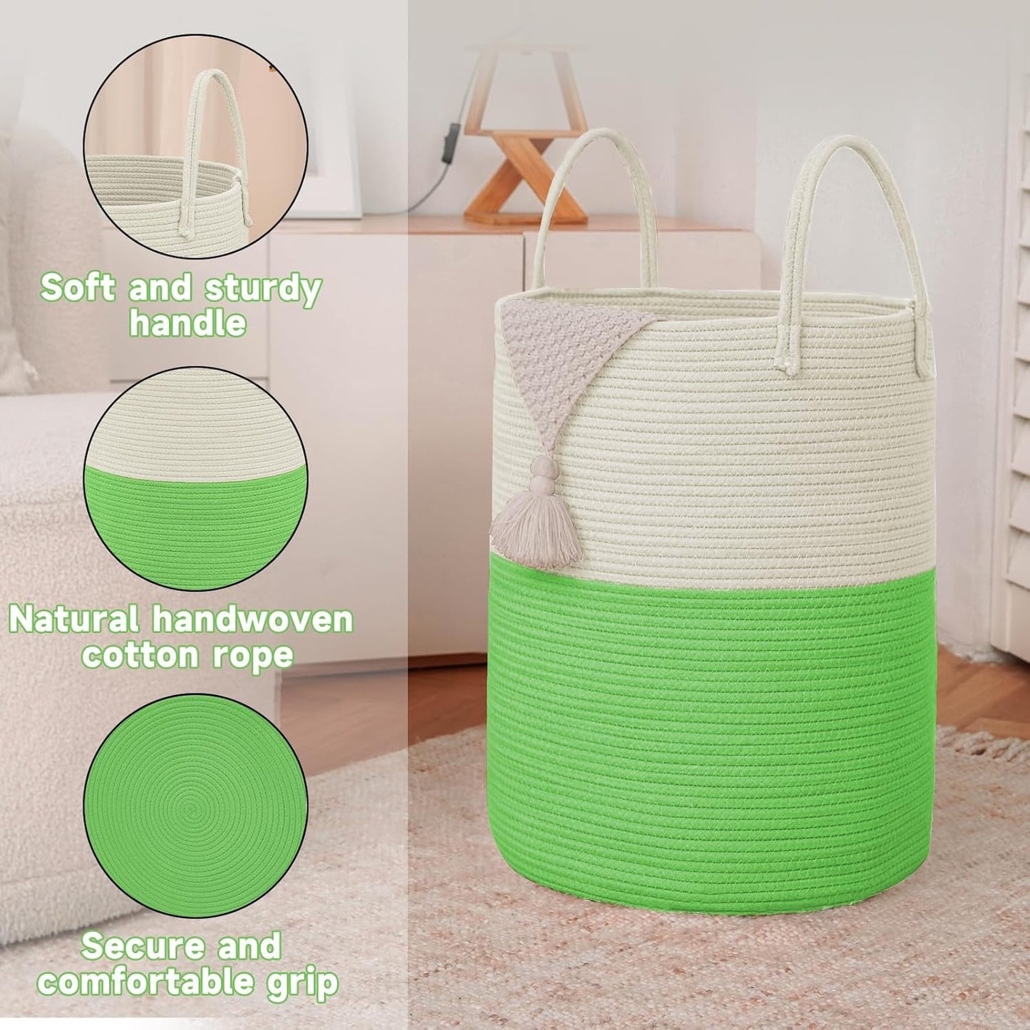 Large Woven Laundry Basket Hamper,100L Cotton Rope Storage Bin for Blankets,Toys and Clothes,Decorative Tall Nursery Hamper for Living Room,Baby Nursery,Bathroom and Bedroom,Light Green