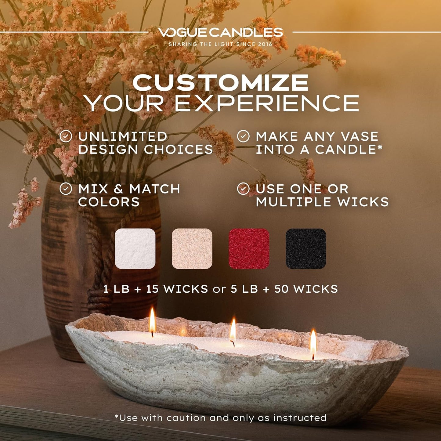 Vogue Candles 5LB Candle Sand with 50 Wicks | Bulk Refillable Plant-Based Granules for Custom Candle Making | Unscented, Clean Burn, Smoke-Free, Vegan Candle Refill Kit- Nude