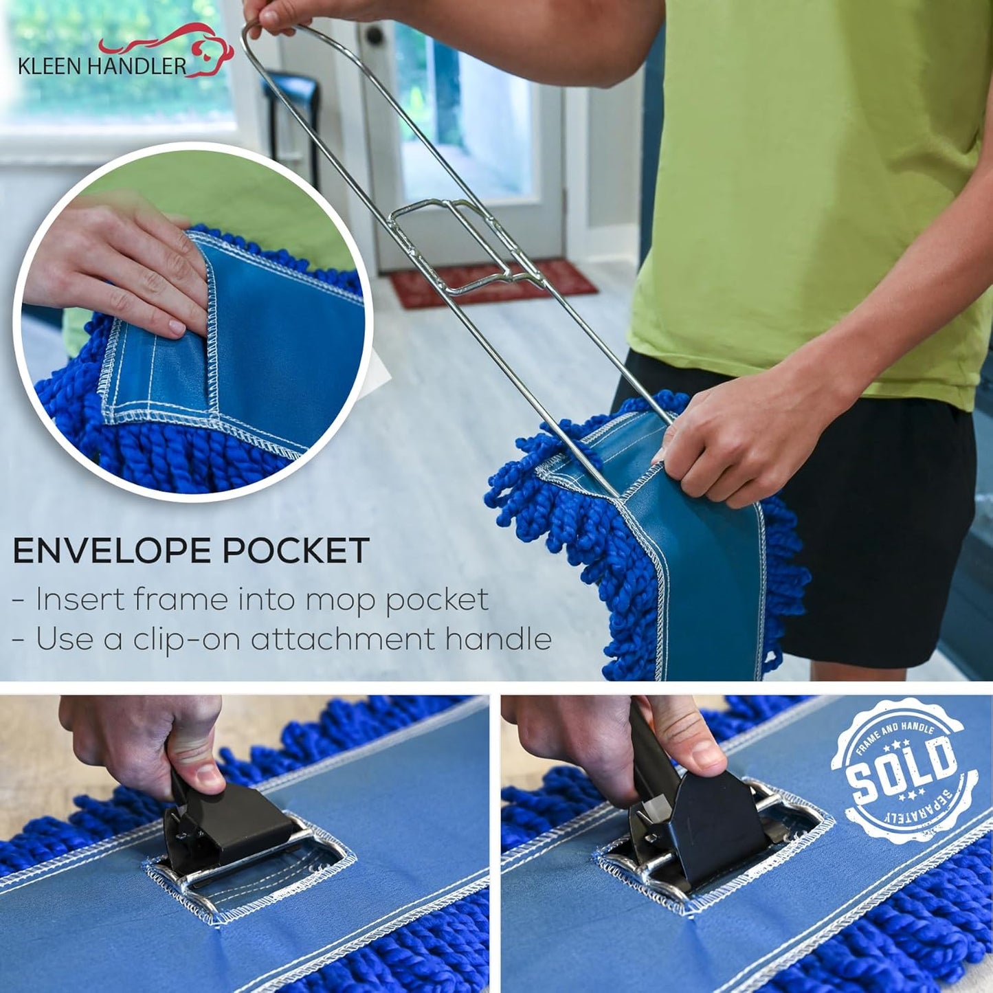 KLEEN HANDLER 6 Pack of 36 Inch Microfiber Dust Mop, Large Washable Commercial Mop Head Replacement, Sweeper, Janitorial Supplies, Blue