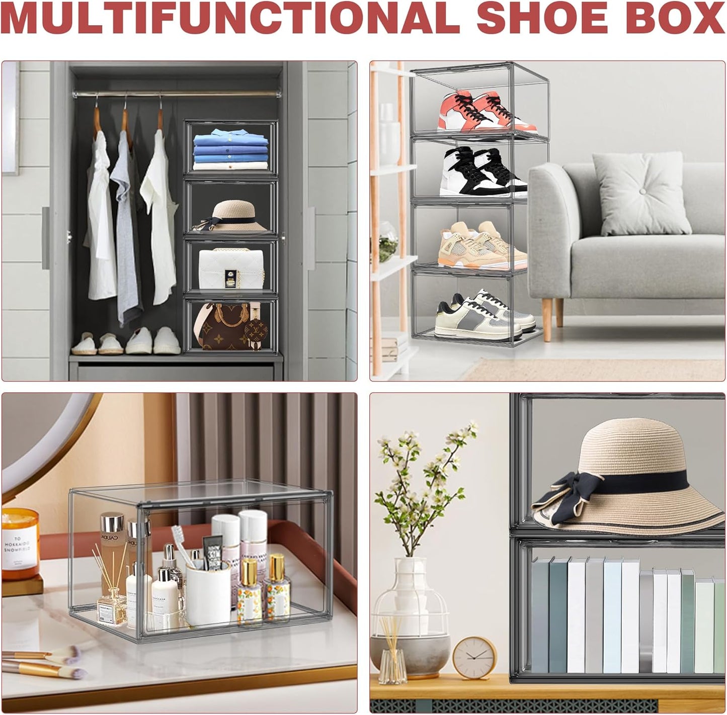 10 Pack Clear Shoe Box Shoe Storage Organizer with Magnetic Door Stackable Shoe Containers for Sneakers, High Heels, Sport Shoes, Size 13