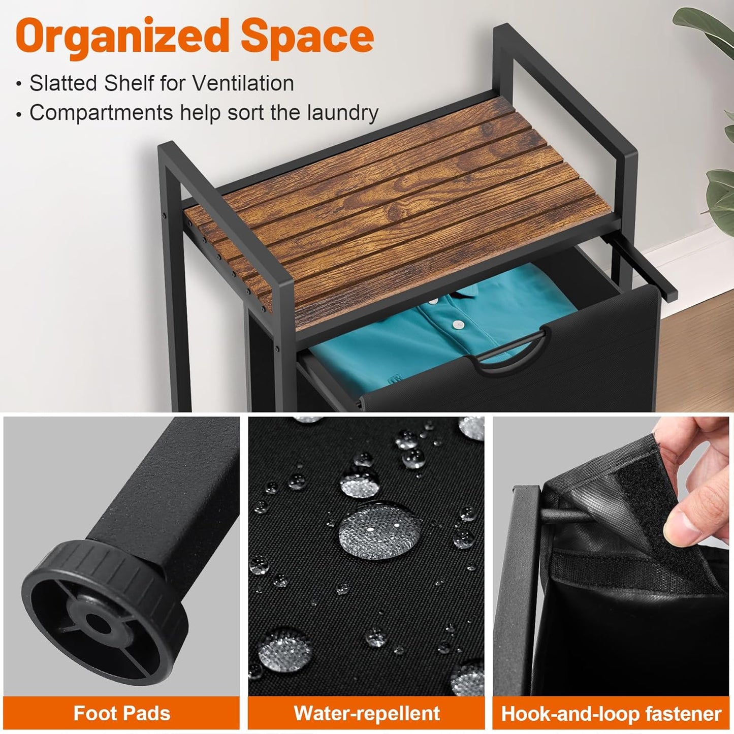 Laundry Sorter with Removable Bag, 16 Gallons Laundry Hamper with Adjustable Feet, Laundry Basket for Laundry Room, Bathroom and Bedroom(Black and Rustic Brown)