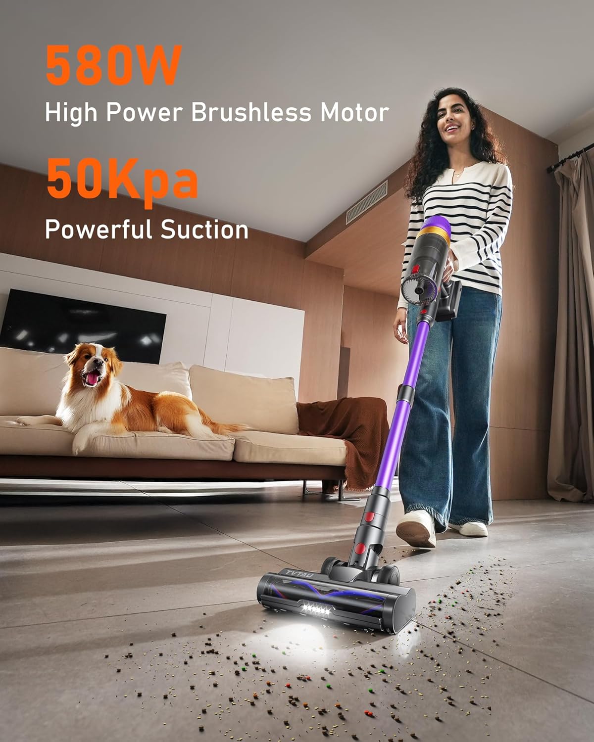 Cordless Vacuum Cleaner, 580W 50KPA 70Mins Upgraded Stick Vacuum Cleaners for Home, Wireless Vacumm with Self-Standing and Touch Screen, Anti-Tangle Brush for Hardwood Floor/Carpet/Pet Hair