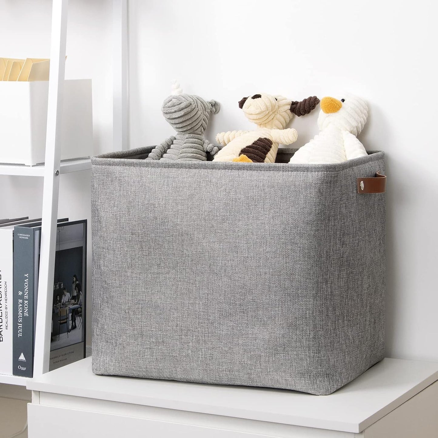 DULLEMELO Large Collapsible Storage Basket/Bin with Sturdy Leather Handles, Fabric Organizer Bin for Storage Clothes, Toys, Books, Office, Bedroom, Closet, Nursery & Laundry (Gray)