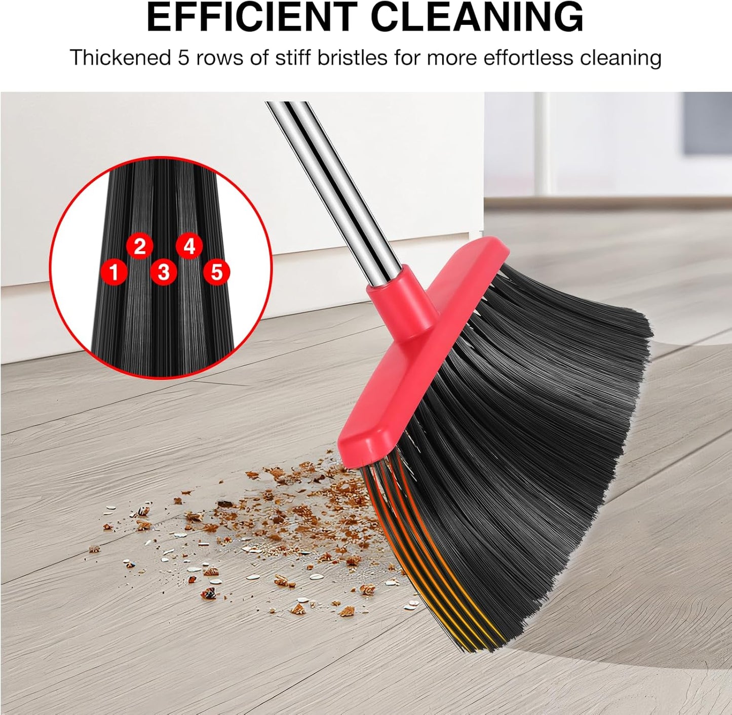 NACENA Broom and Dustpan Set, 52-in Long Adjustable Handle Broom Dustpan Combo with Dustpan Teeth to Automatically Clean Hair Suitable for Home Kitchen Office Hall Floor (Black&Red), 4 Pack