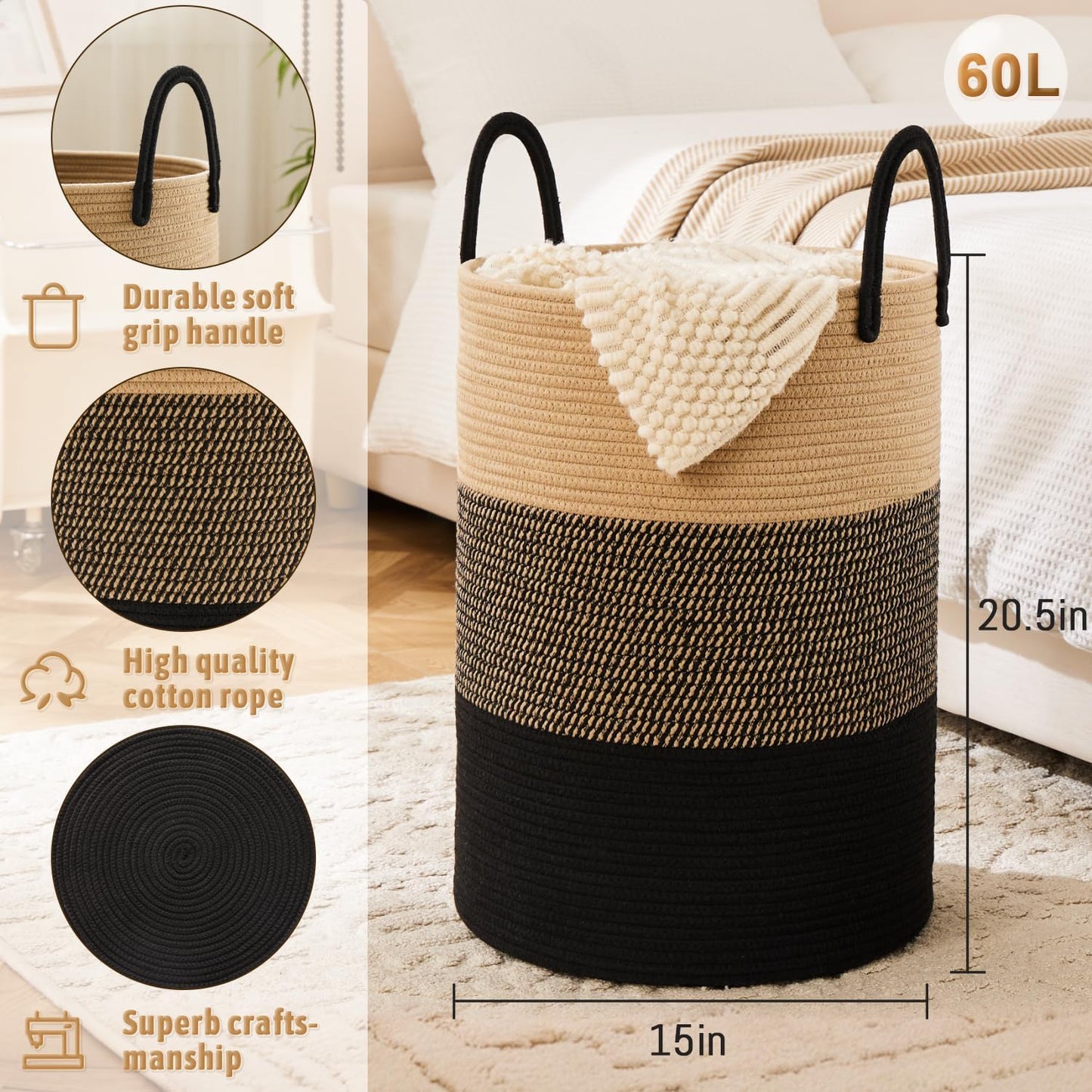 Laundry Basket,Woven Cotton Rope Laundry Hamper,60L for Decorative Storage of Dirty Clothes,Toys and Blankets in Bathroom,Bedroom and Living Room