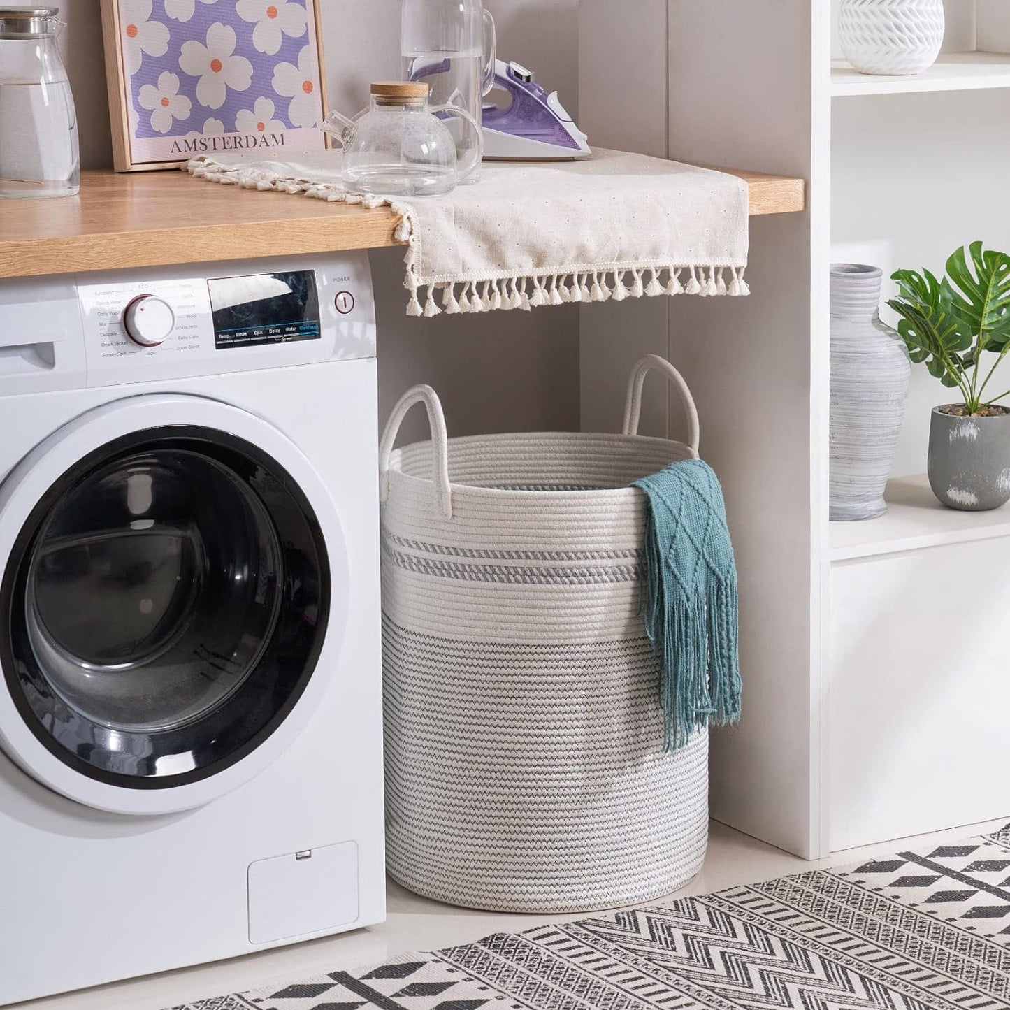 YOUDENOVA Woven Rope Laundry Hamper Basket, 58L Tall Luandry Basket, Baby Nursery Hamper for Blanket Storage, Clothes Hamper for Laundry in Bedroom-Large-Stripe White