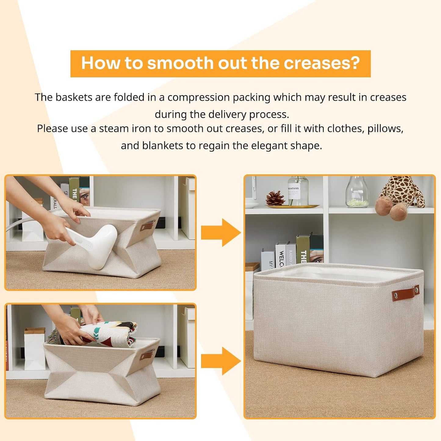 DULLEMELO Fabric Organizer for Storage, Office, Home, Nursery - Small Fabric Storage Basket with Handles (Beige)