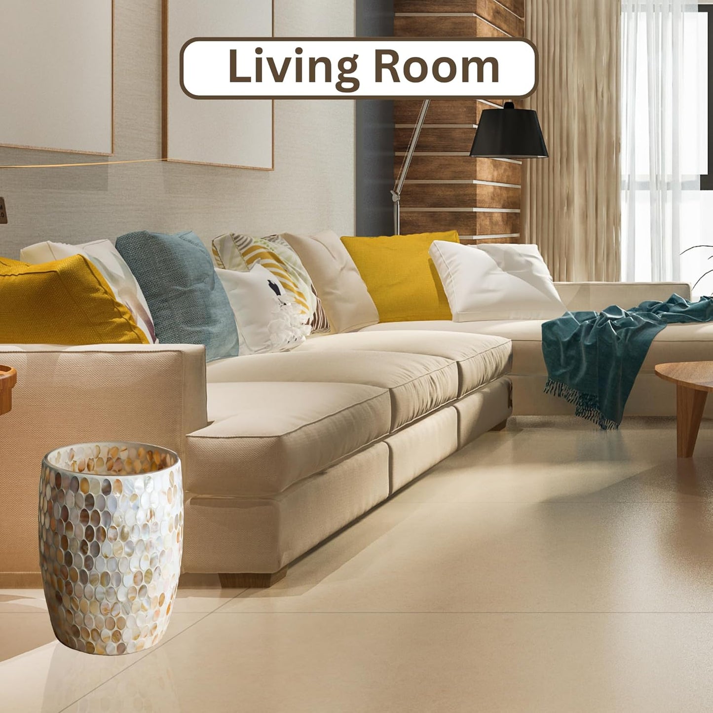 Escenzy Natural Shell Bathroom Trash Can Mosaic Glass 5L | Decorative Small Garbage Can | 7" x 10" | Luxury Waste Basket for Restroom, Office, Bedroom & Kitchen | Shiny Glass Bathroom Accessories