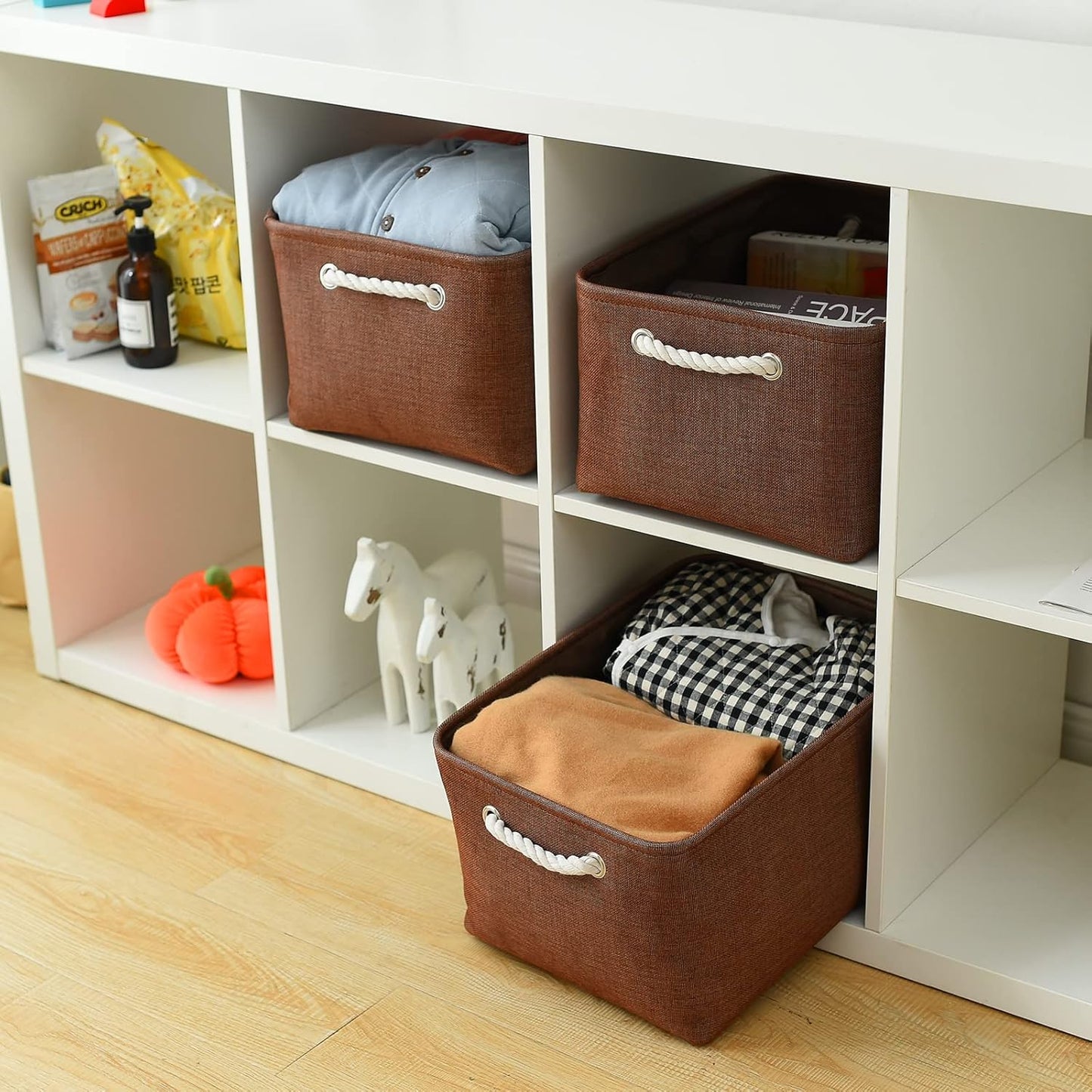 TheWarmHome Decorative Basket Rectangular Fabric Storage Bin Organizer Basket with Handles for Clothes Storage (Brown,Large-3Pack,15.7L*11.8W*8.3H)