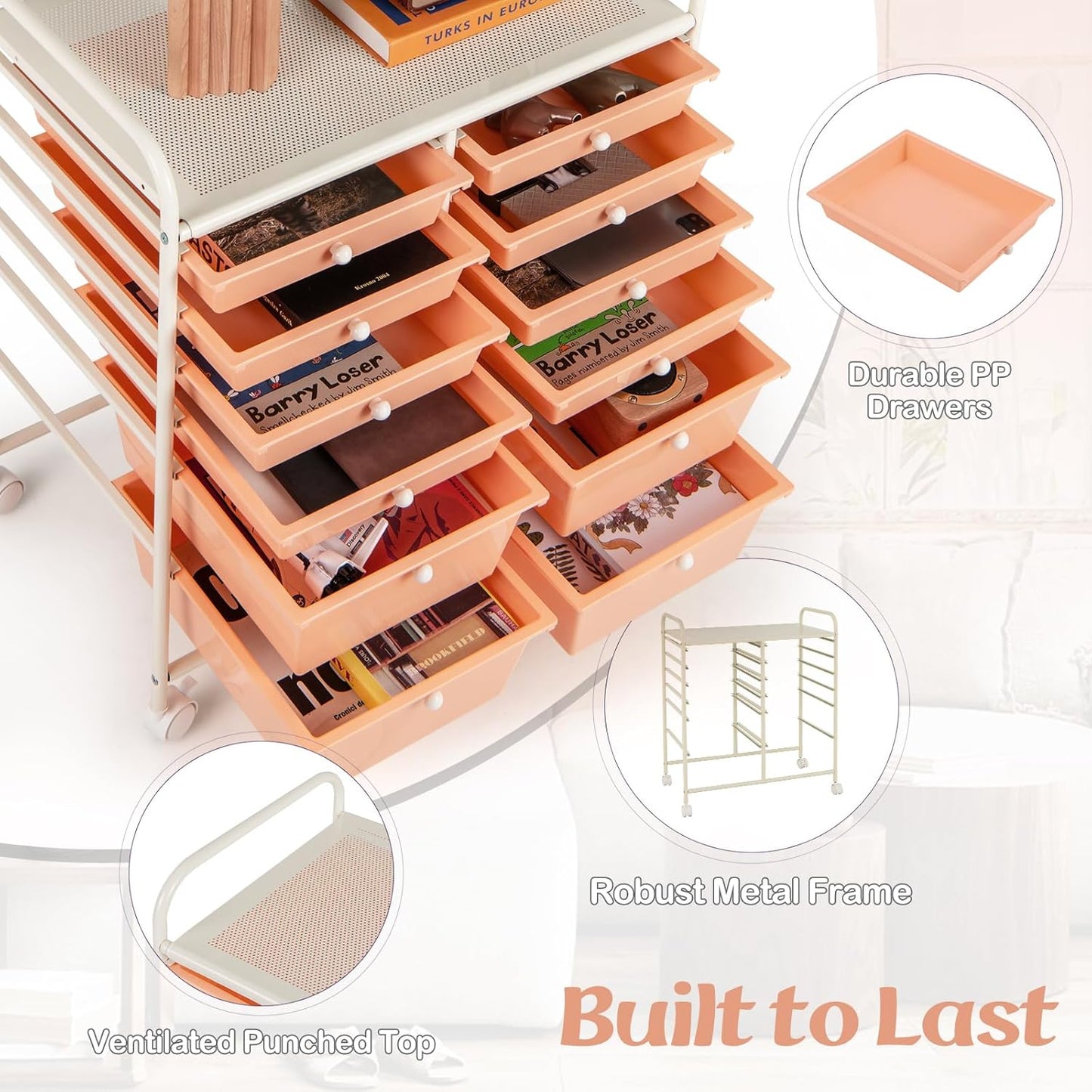 GOFLAME 12-Drawer Rolling Storage Cart, Multipurpose Organizer Cart with 2 Sizes Plastic Drawers, Mobile Utility Cart with Lockable Casters for School, Home Office, Beauty Salon, Peach Fuzz