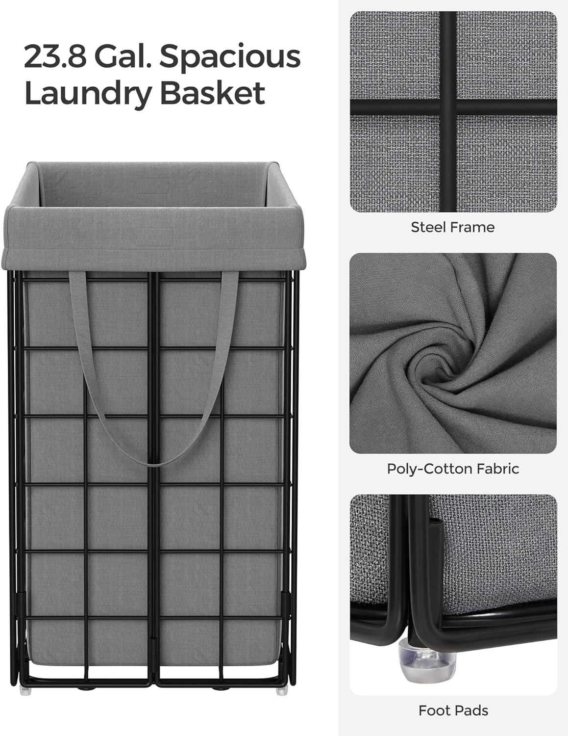 SONGMICS Laundry Hamper, 23.8 Gal. (90L) Laundry Basket, Collapsible Clothes Hamper, Removable and Washable Liner, Metal Wire Frame, for Bedroom Bathroom, Black and Gray ULCB190G01