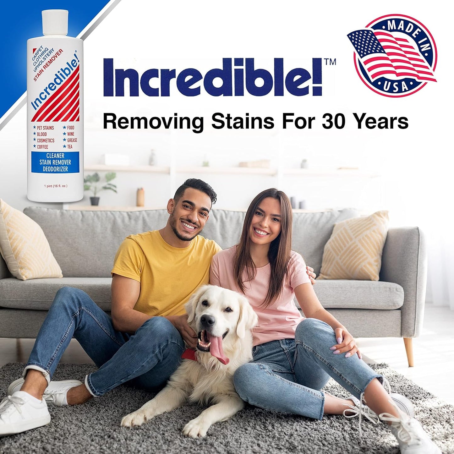 INCREDIBLE! Stain Remover - Commercial Pack Quantity, Professional Stain Cleaner For Carpets, Fabric, Linen, Laundry, Mattress, Car Upholstery – Pet Stains, Urine, Blood, Red Wine, 16.oz, Pack of 6