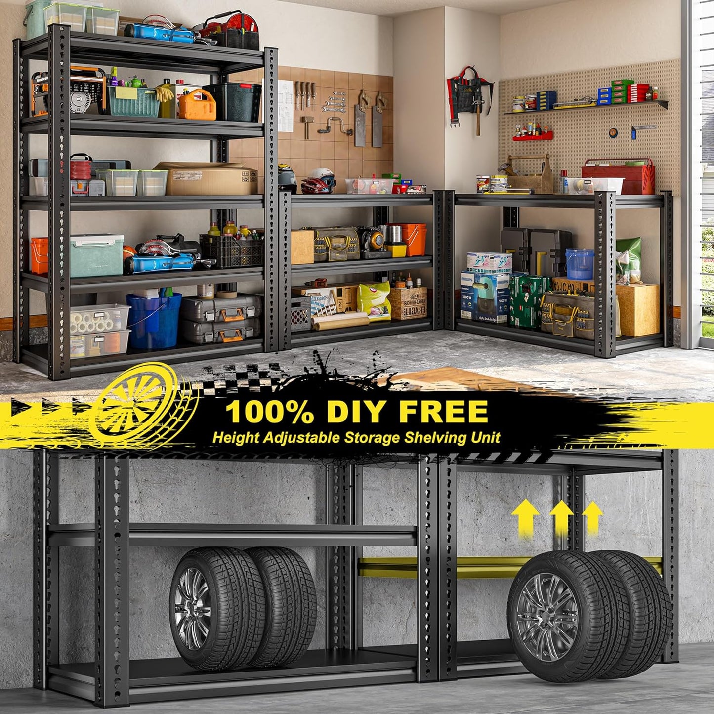 REIBII Garage Shelving Load 2000 LBS, Adjustable 5-Tier Storage Shelves, Metal Shelving Units and Storage Rack Shelf for Garage, Basement, Kitchen, 32" W x 17" D x 72" H, Black, 2PC