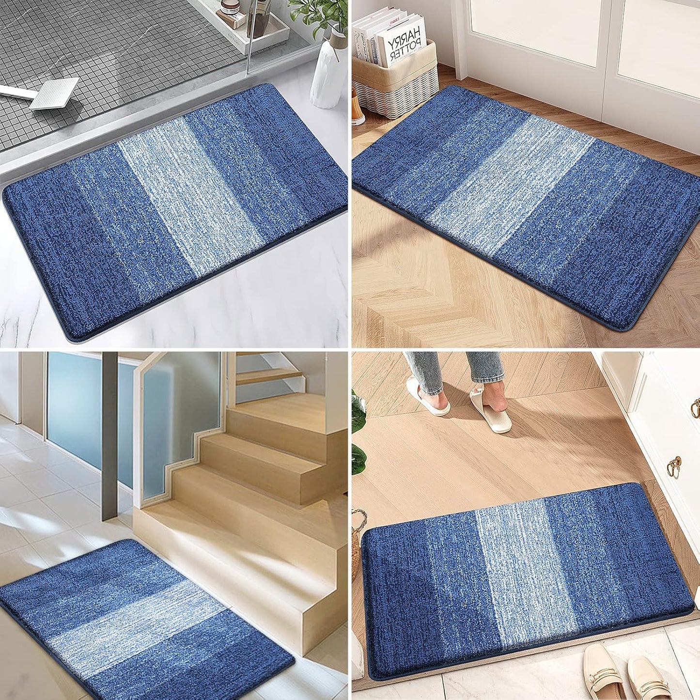 Kitinjoy Indoor Outdoor Door Mat, 36x24 Non-Slip Absorbent Dirt Trapper, Low-Profile Washable Inside Entrance Front Floor Mat, Sturdy Soft Entry Doormats for Entryway, Navy Blue