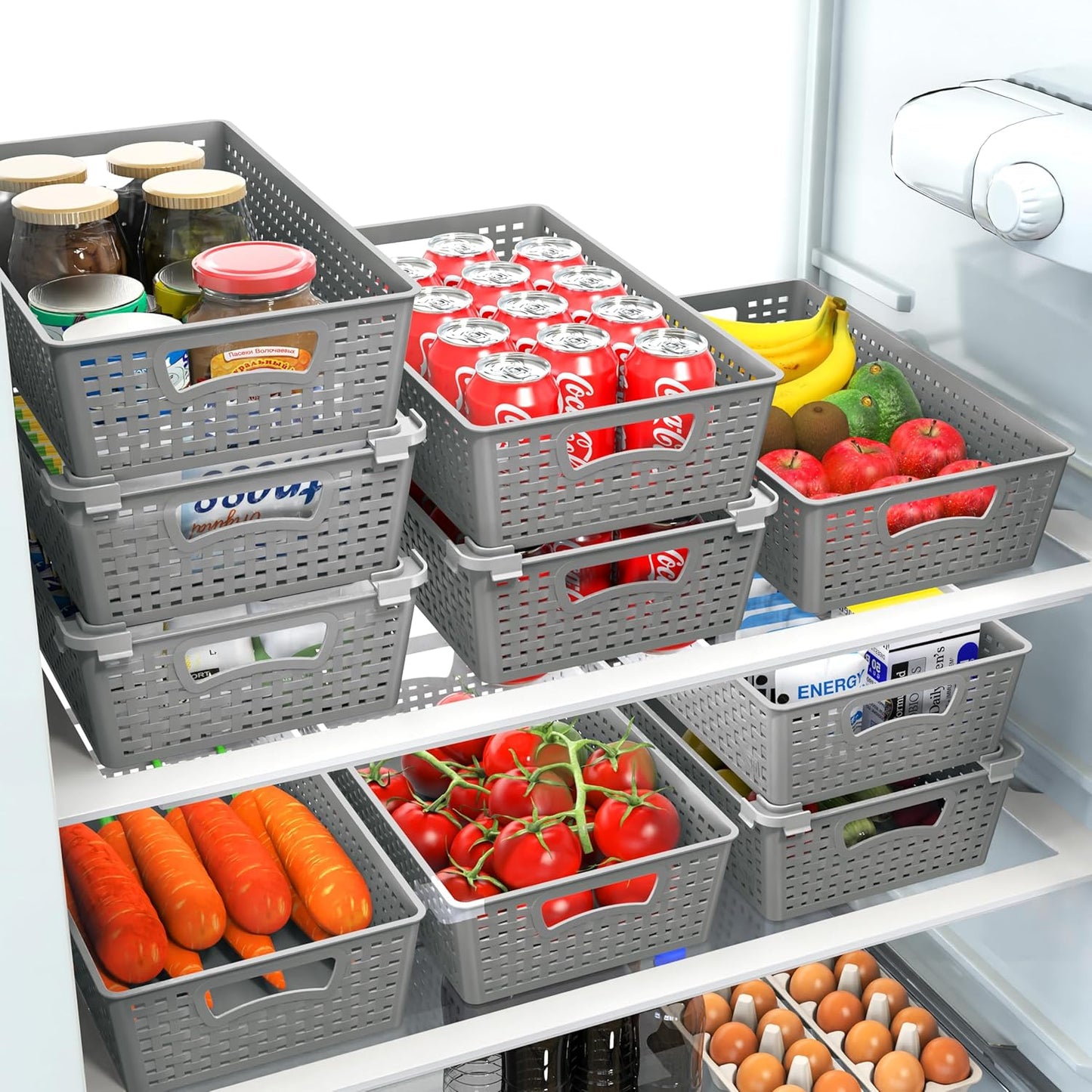 Simple Houseware Stackable Plastic Woven Basket Organizer, 6 Pack, 14.5" x 8.5" x 3.5", Gray