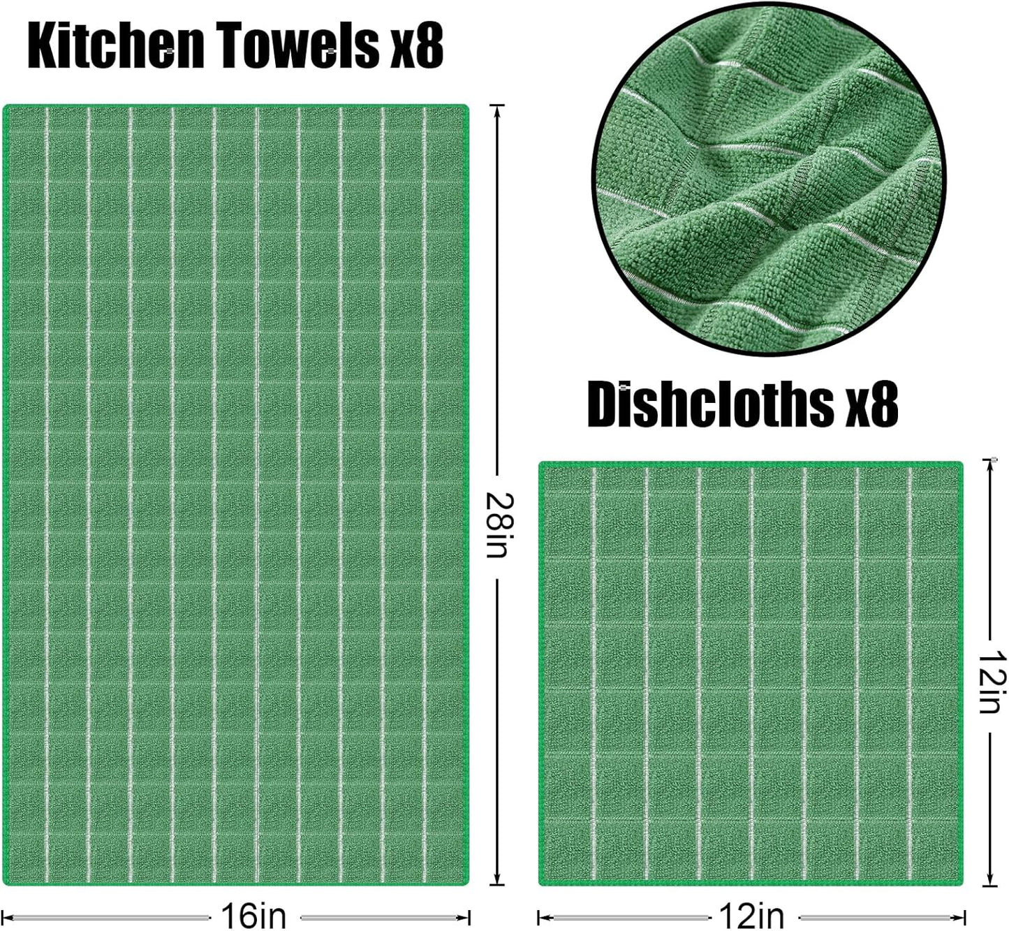 Homaxy Microfiber Kitchen Towels and Dishcloths Set, 12 Pack Soft and Absorbent Dish Hand Towels Bulk, 28 x 16 Inch & 12 x 12 Inch Quick Drying Rags for Washing Dishes, Grass Green