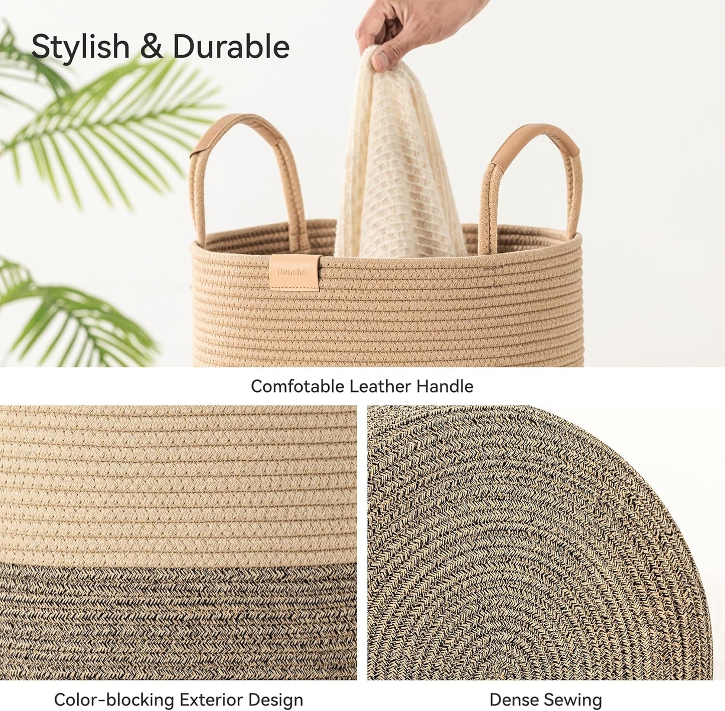 62L Striped Laundry Hamper with Leather Handles,Large Foldable Laundry Basket for Clothes,Cotton Rope Storage Bin for Blankets,Woven Clothes Basket for Bedroom,Dark Brown Stripes