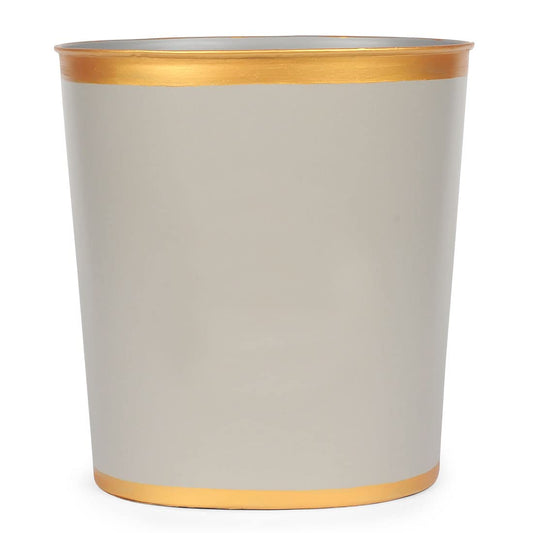 Jaye's Studio Mattie Oval Waste Basket for Bathroom Decorative, Gold Trim & Finish, Hand-Painted, Handcrafted Metal Wastebasket, Garbage Bin & Trash Bin for Bedroom, Office, 12" x 10" x 8" (Taupe)