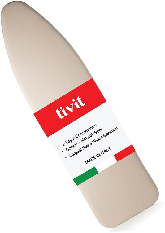 TIVIT Ironing Board Cover 16 x 55 Standard Chemical Free Eco-Friendly Padded Covers - Unbleached, Untreated Natural Cotton & Wool Pad - 2 Layer, 3 Fastener Straps, Pull Bungee Cord - Made in Italy