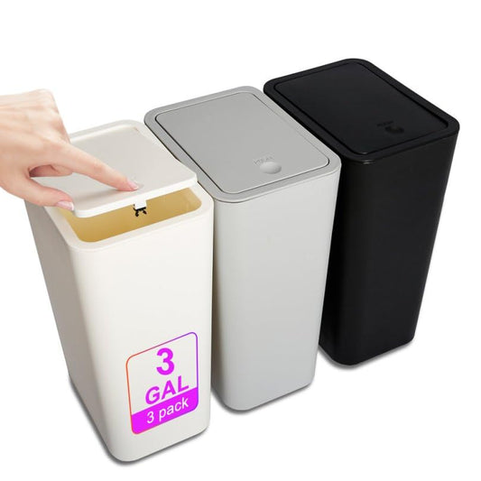N. NETDOT 3 Pack Small Trash Can with lid, 3 Gallon Bathroom Trash Can,Garbage Can Slim Trash Bin Waste Basket for Bathroom,Kitchen,Bedroom,Living Room,Office,Laundry - Off White,Black,Grey
