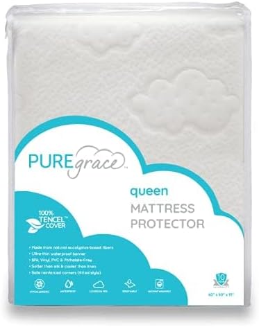 PUREgrace Tencel Mattress Protector (Queen) – Waterproof, Noiseless Cover, Soft and Breathable with Deep-Pocketed Corners for Secure Fit